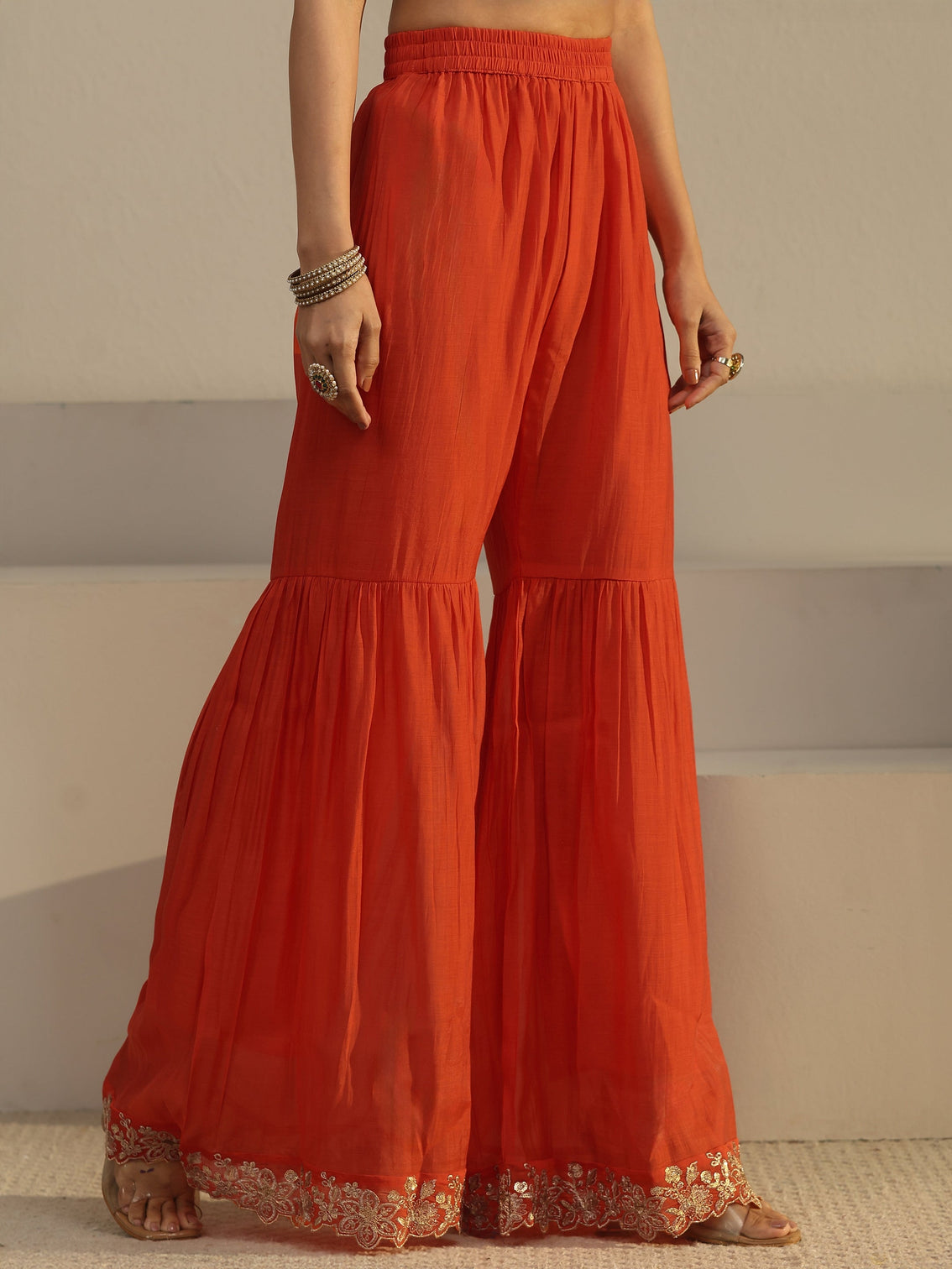 Mameraa Orange Floral Embroidered Chanderi Cotton Sharara Suit Set