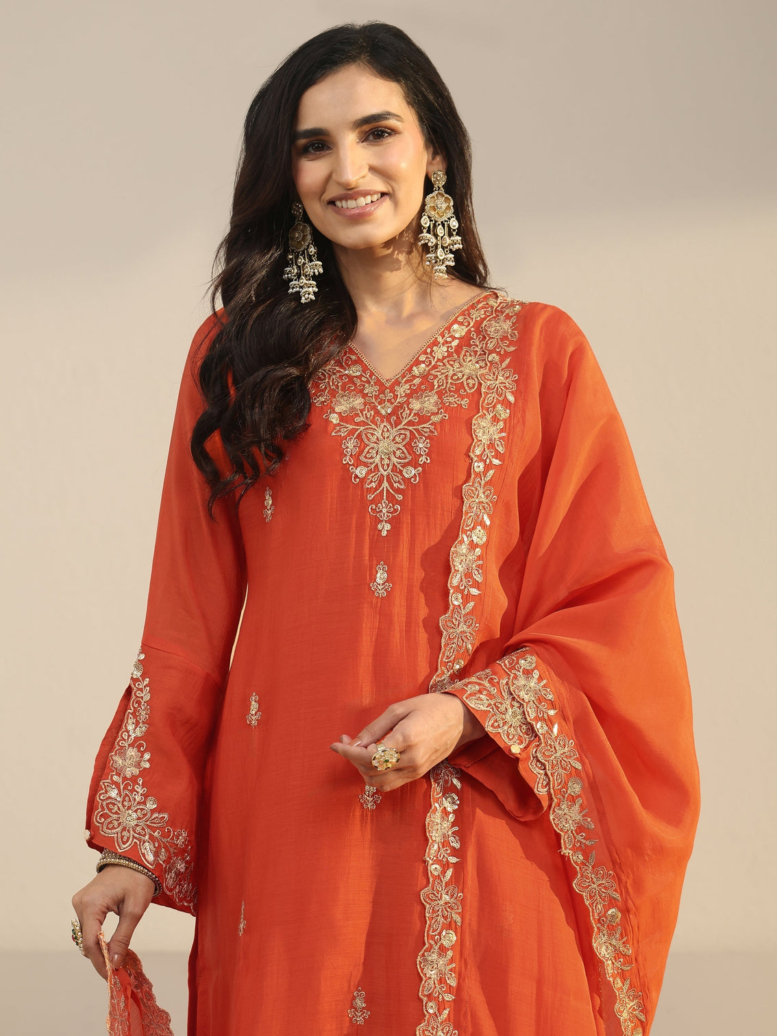 Mameraa Orange Floral Embroidered Chanderi Cotton Sharara Suit Set