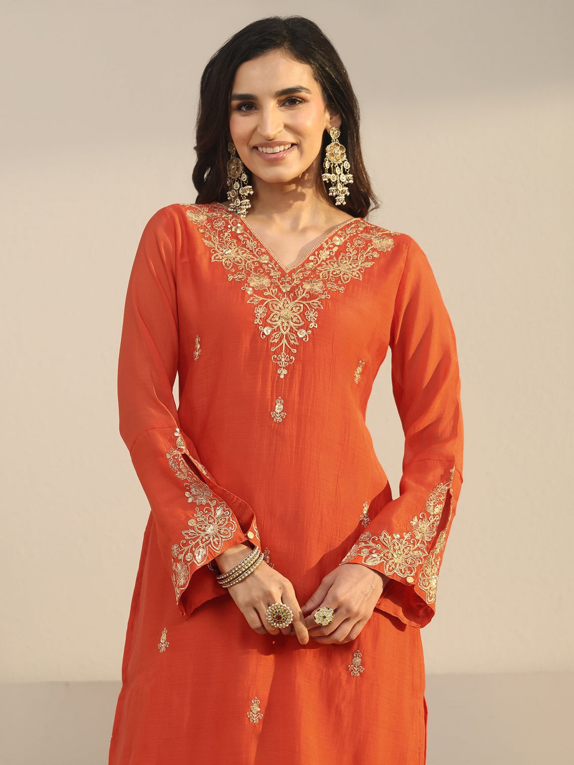 Mameraa Orange Floral Embroidered Chanderi Cotton Sharara Suit Set