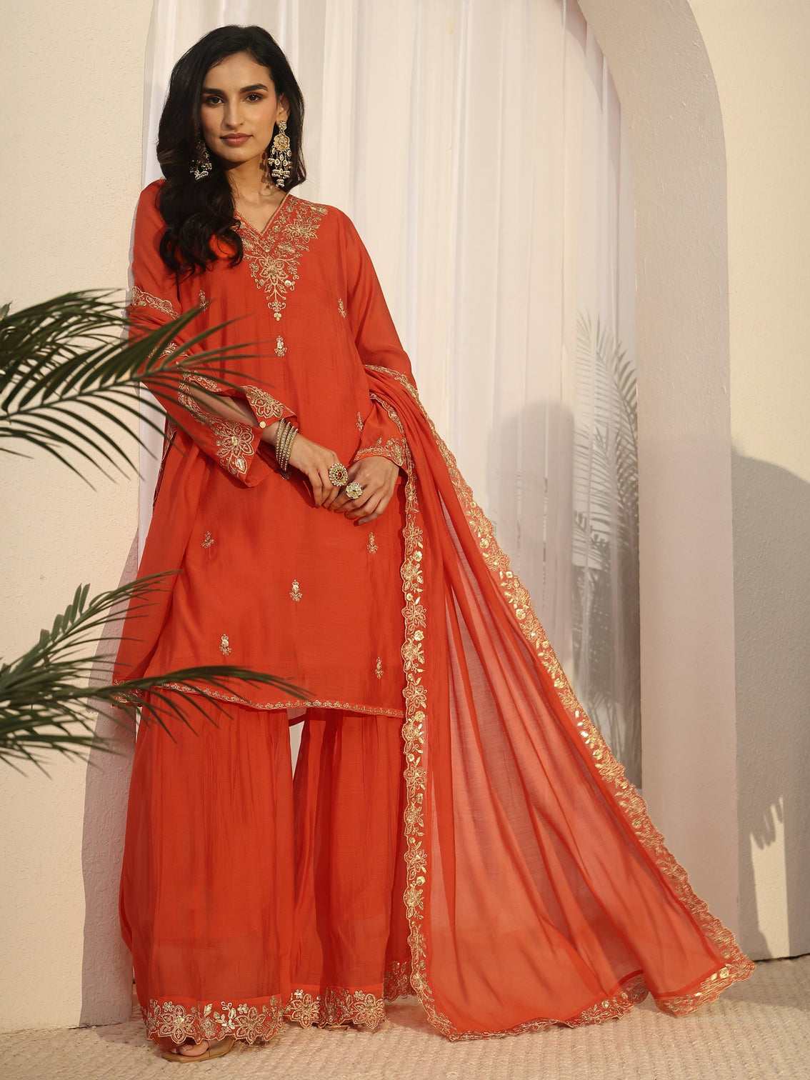 Mameraa Orange Floral Embroidered Chanderi Cotton Sharara Suit Set