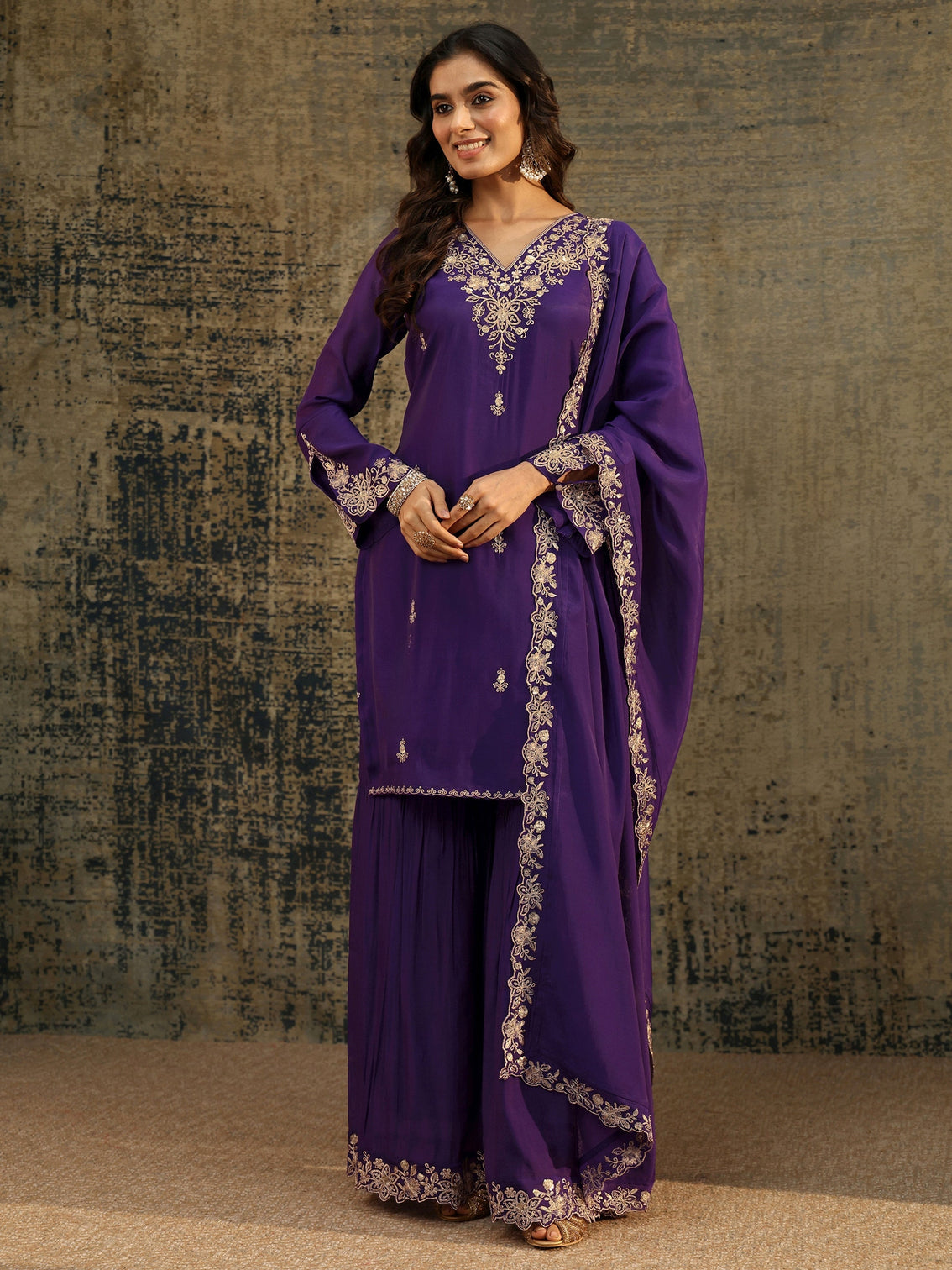 Mameraa Aubergine Purple Floral Embroidered Chanderi Cotton Palazzo Suit Set