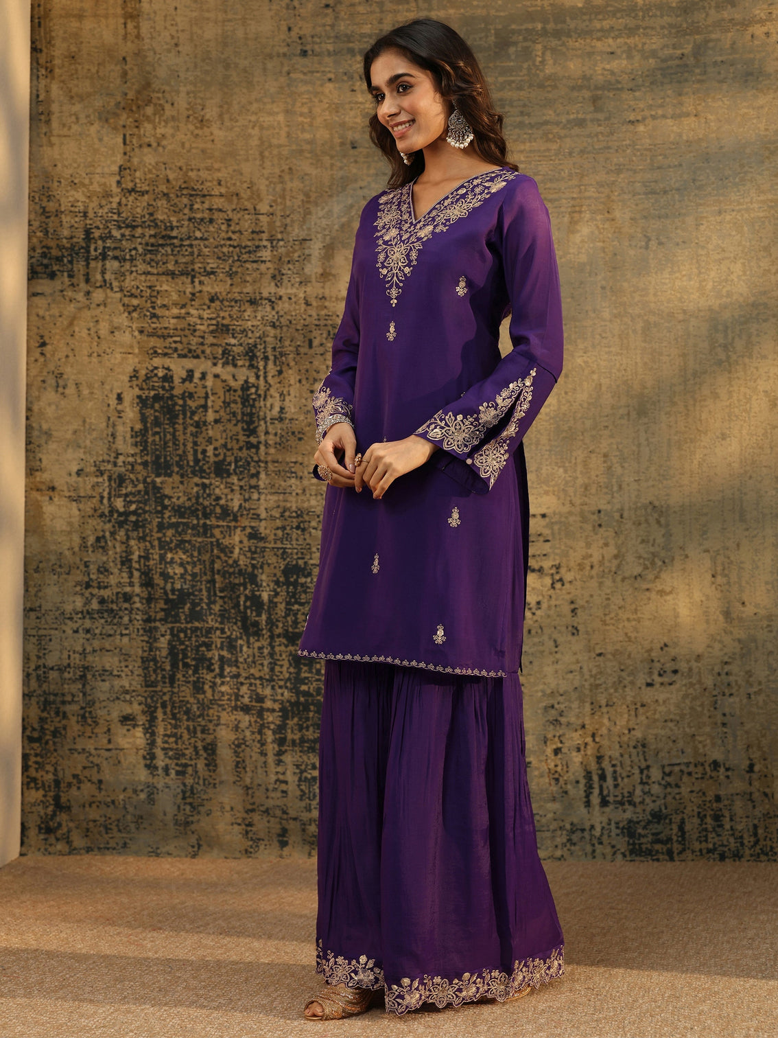 Mameraa Aubergine Purple Floral Embroidered Chanderi Cotton Palazzo Suit Set