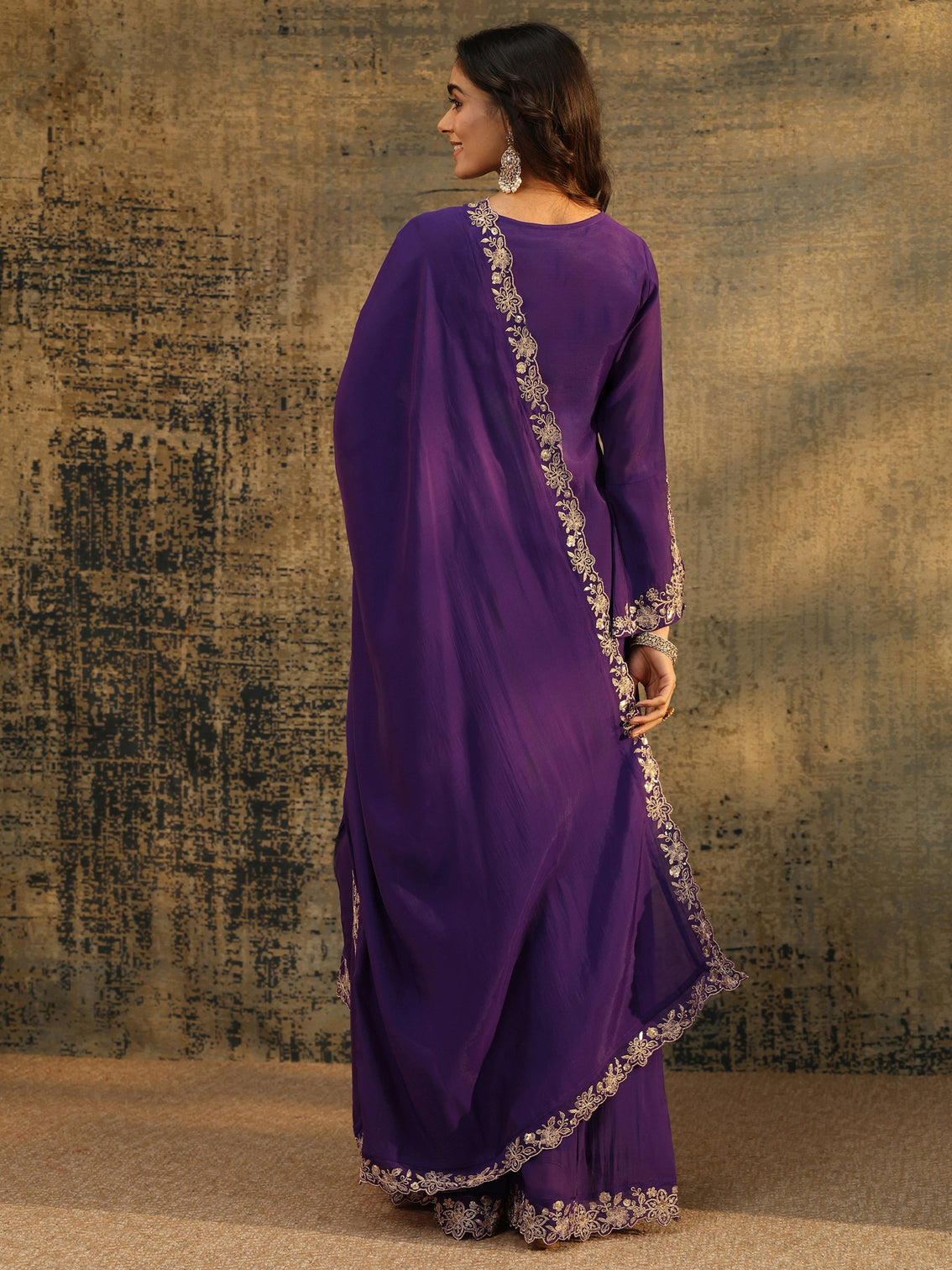 Mameraa Aubergine Purple Floral Embroidered Chanderi Cotton Palazzo Suit Set