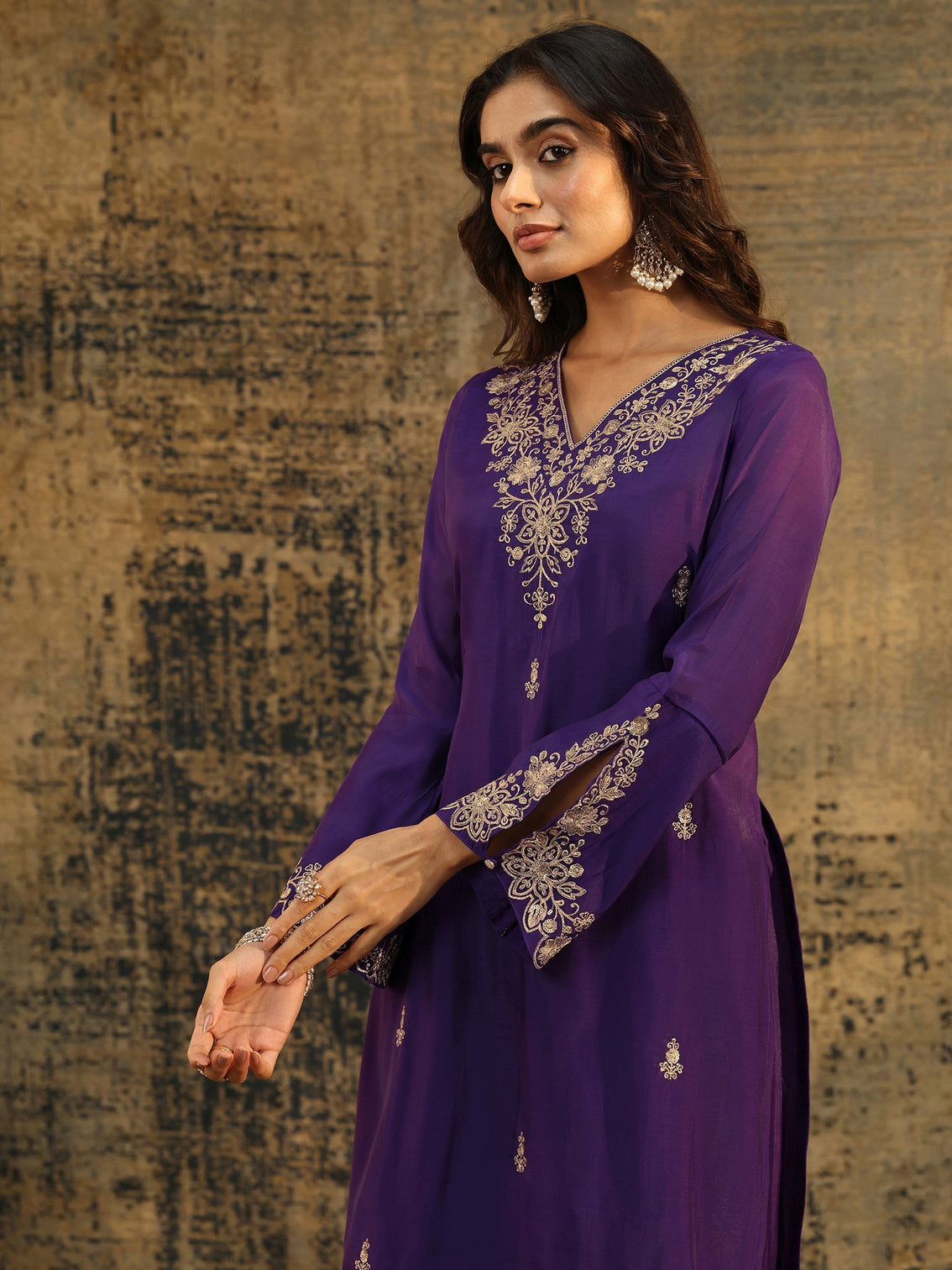 Mameraa Aubergine Purple Floral Embroidered Chanderi Cotton Palazzo Suit Set