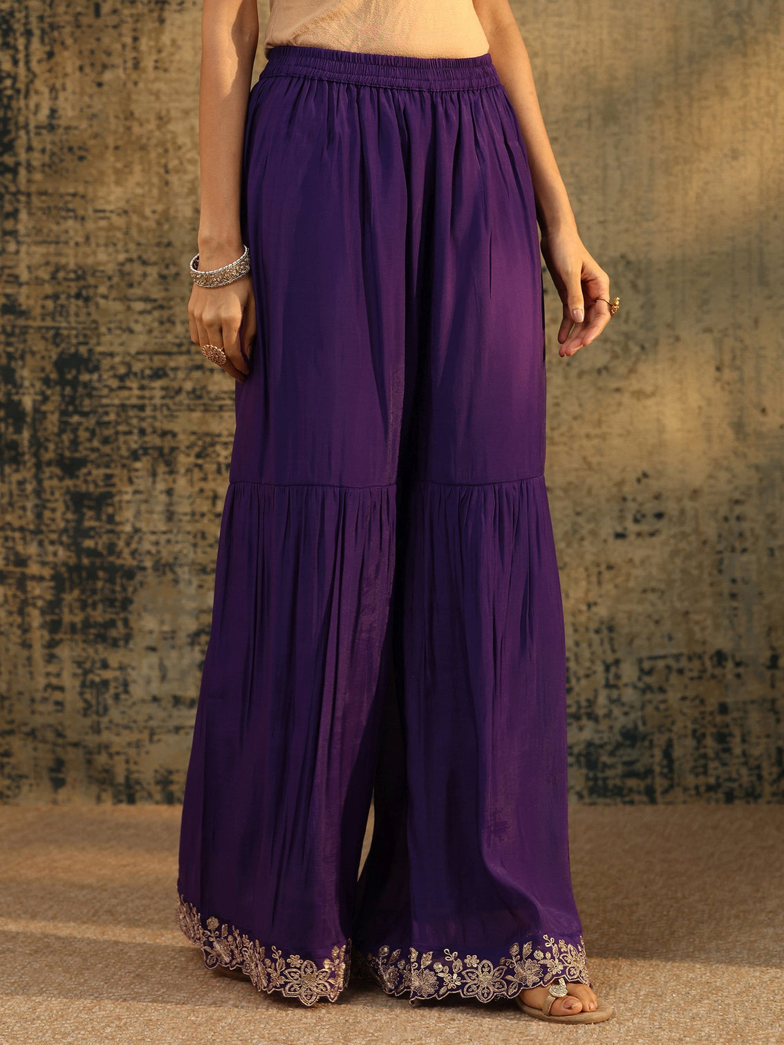 Mameraa Aubergine Purple Floral Embroidered Chanderi Cotton Palazzo Suit Set