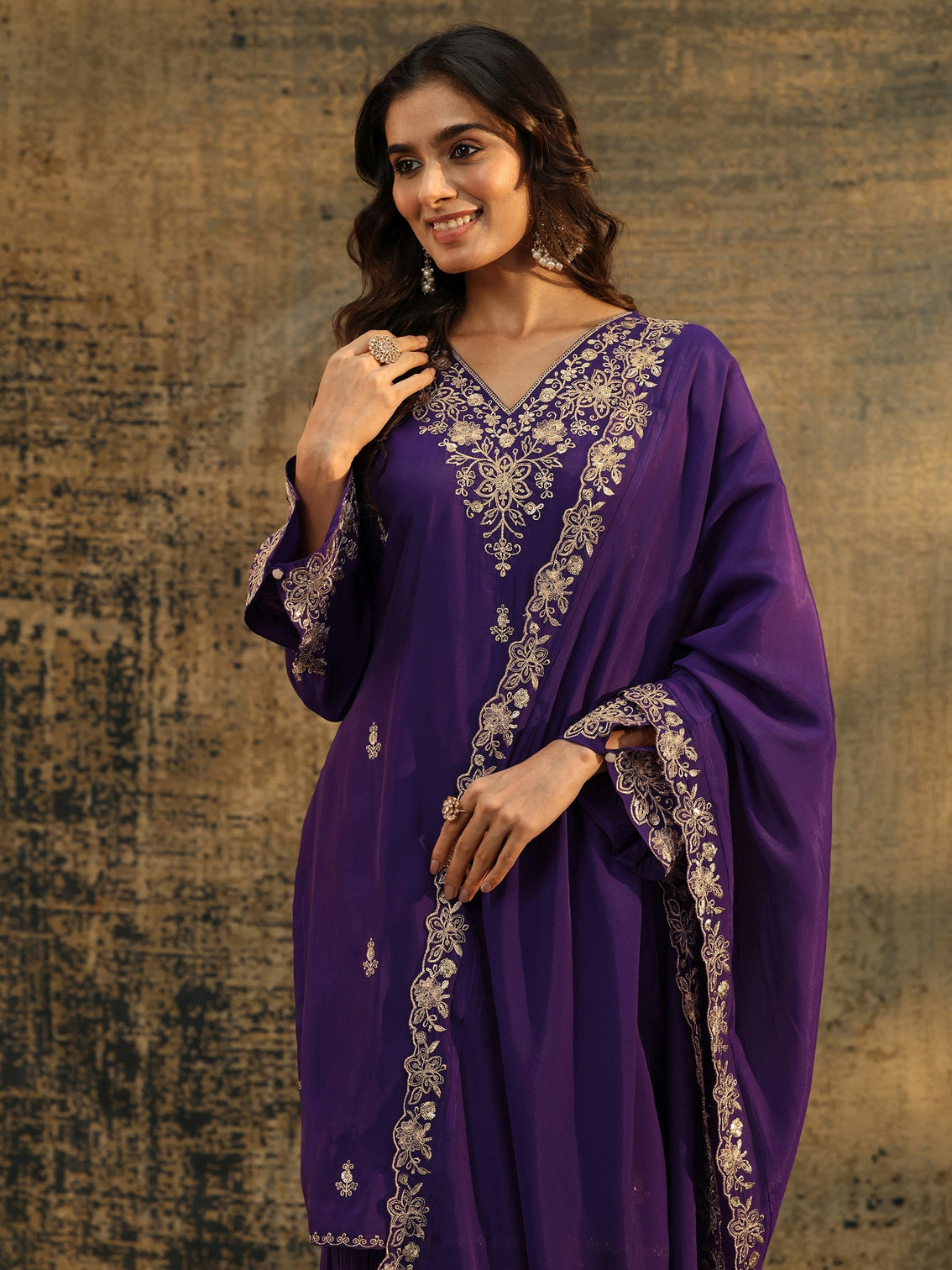Mameraa Aubergine Purple Floral Embroidered Chanderi Cotton Palazzo Suit Set