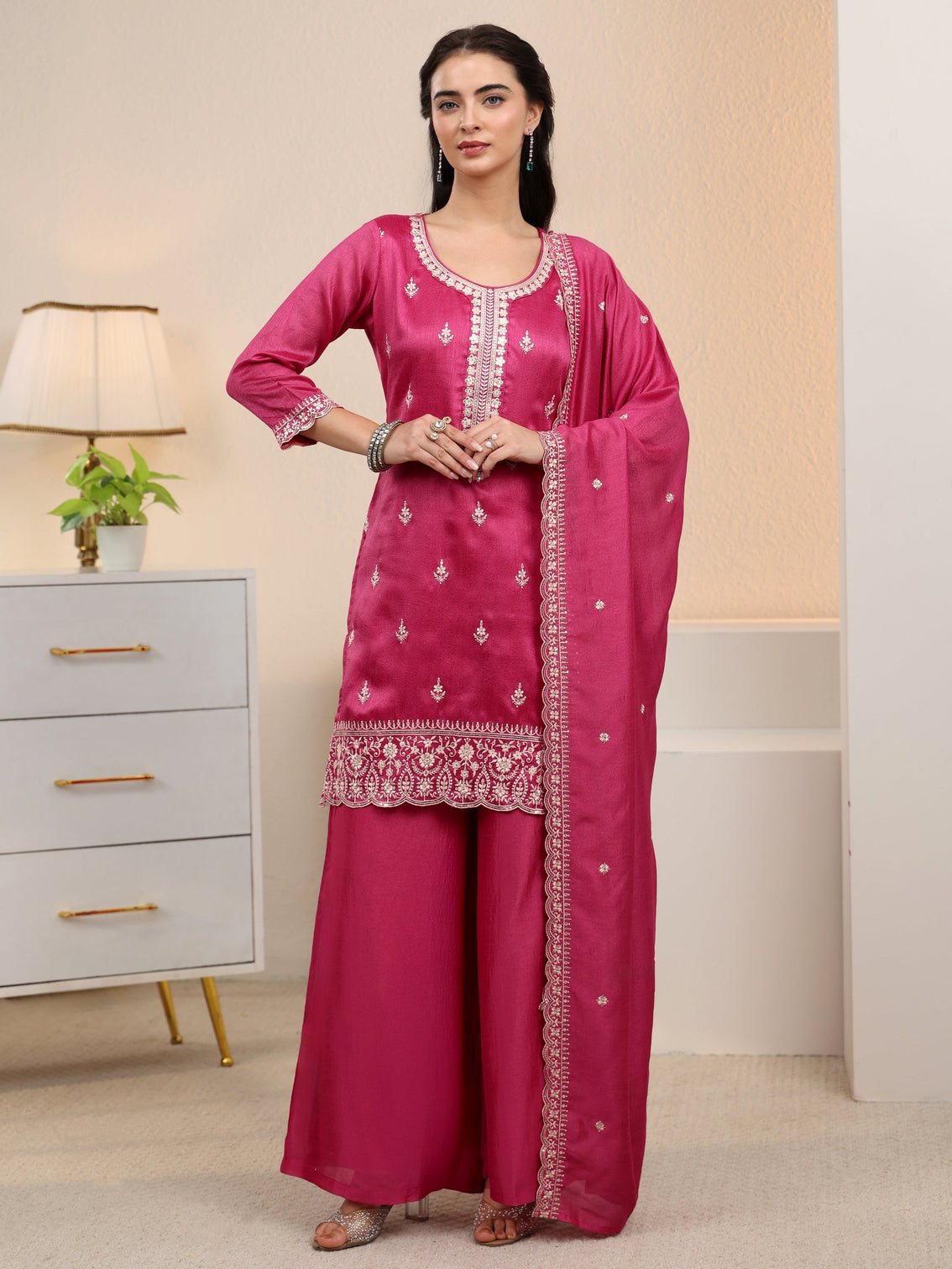 Mameraa Rani Pink Floral Embroidered Silk Blend Palazzo Suit Set