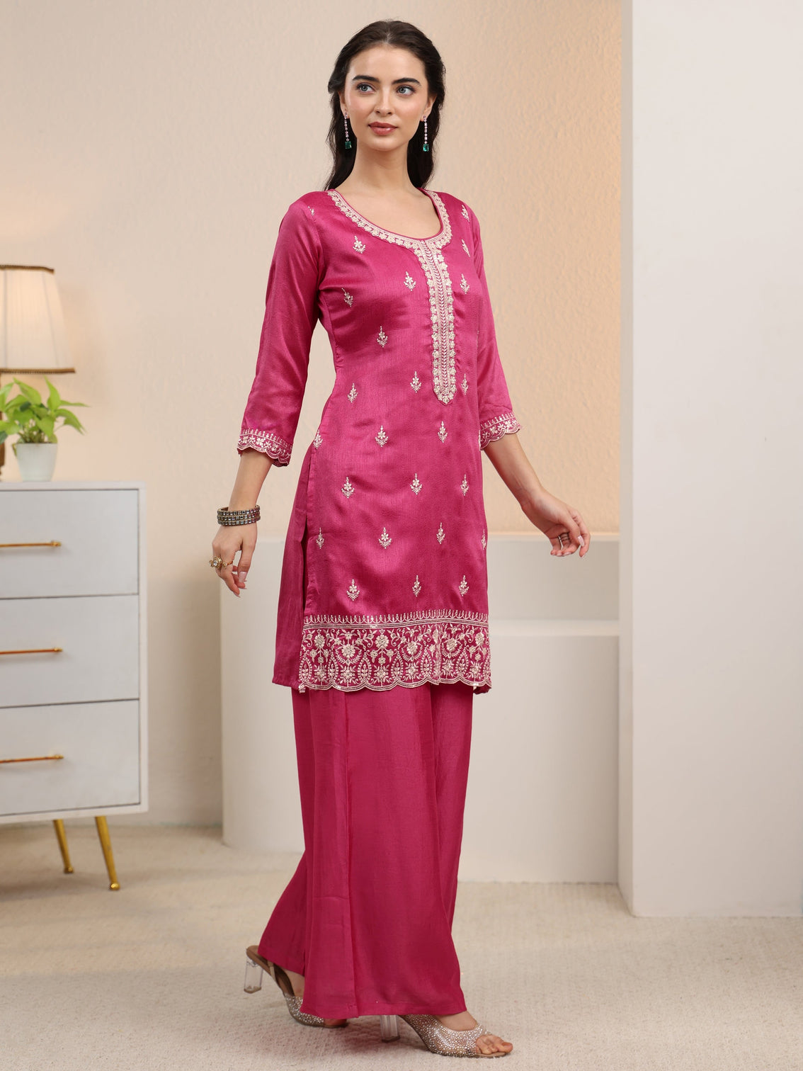 Mameraa Rani Pink Floral Embroidered Silk Blend Palazzo Suit Set