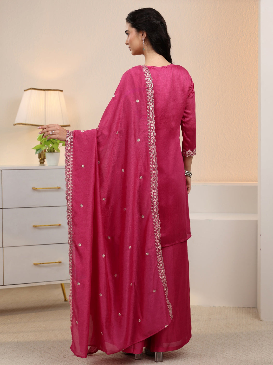 Mameraa Rani Pink Floral Embroidered Silk Blend Palazzo Suit Set