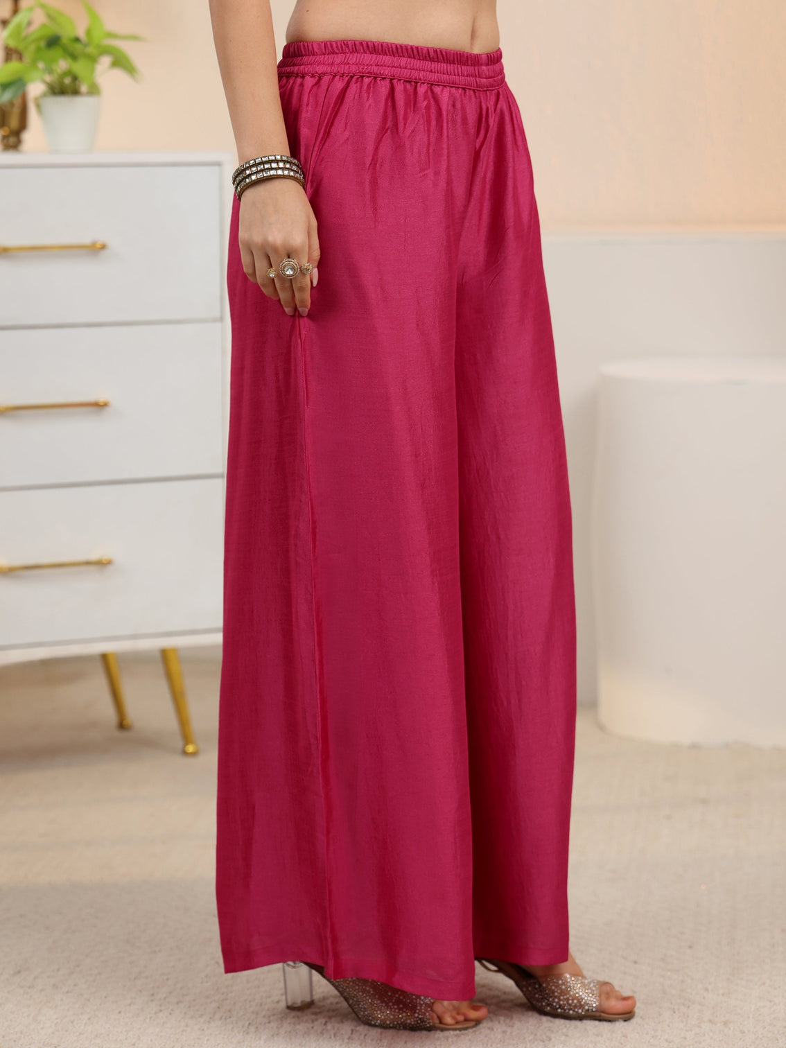 Mameraa Rani Pink Floral Embroidered Silk Blend Palazzo Suit Set