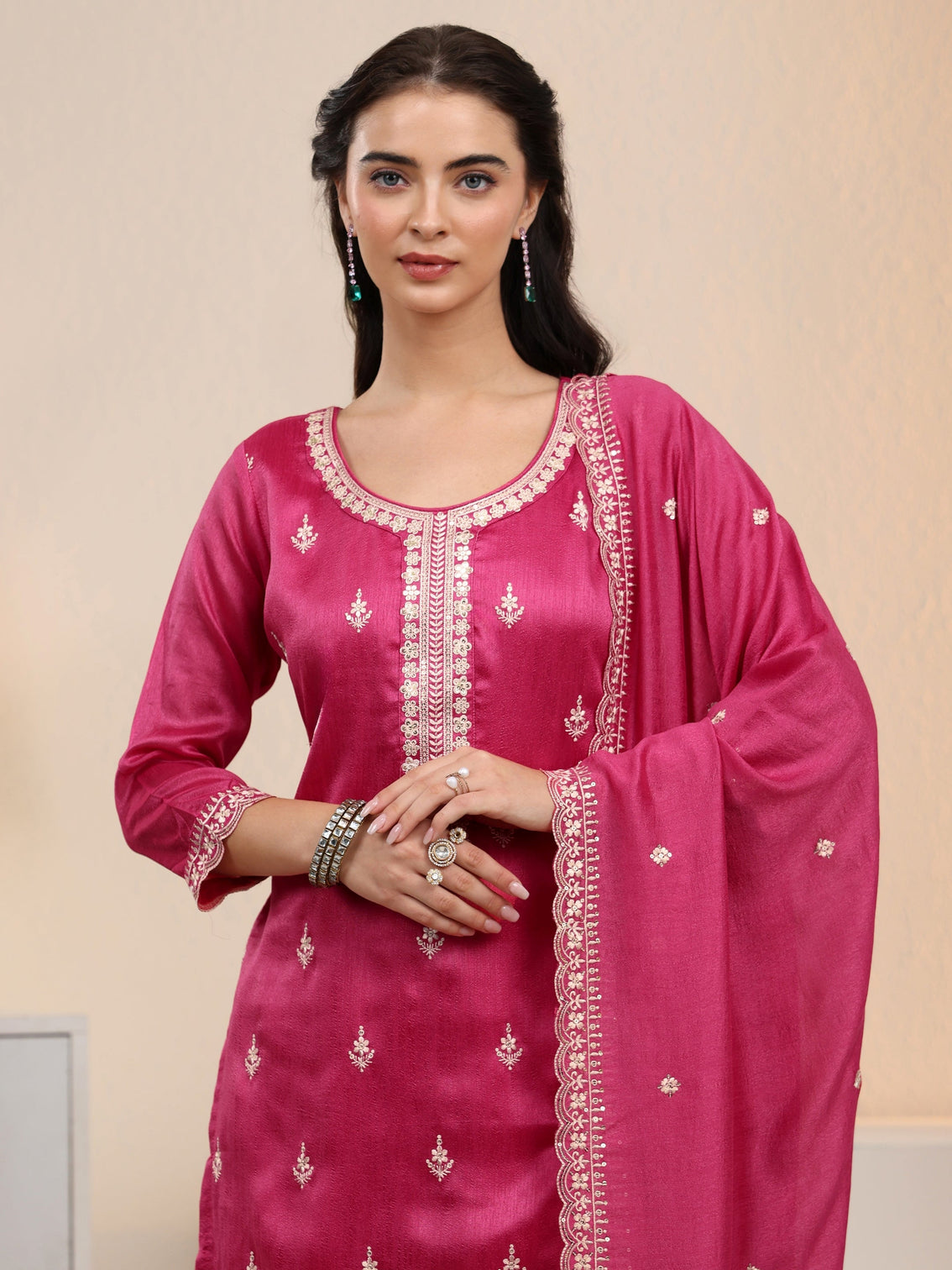 Mameraa Rani Pink Floral Embroidered Silk Blend Palazzo Suit Set