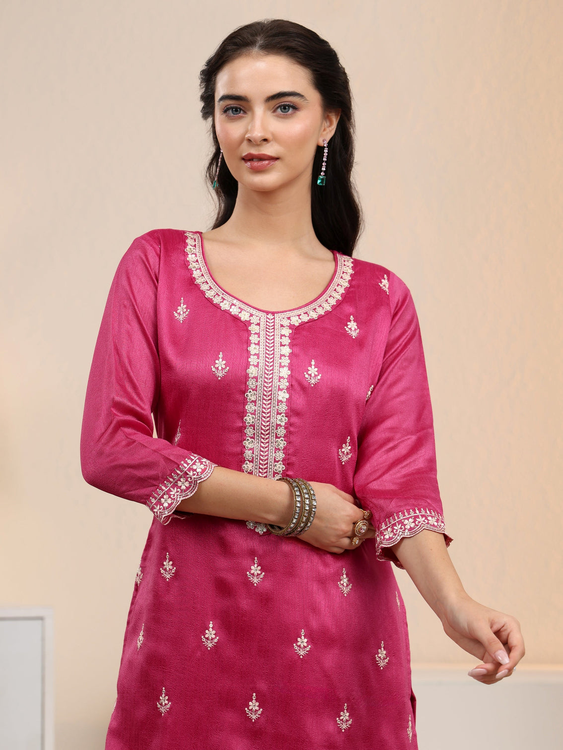 Mameraa Rani Pink Floral Embroidered Silk Blend Palazzo Suit Set
