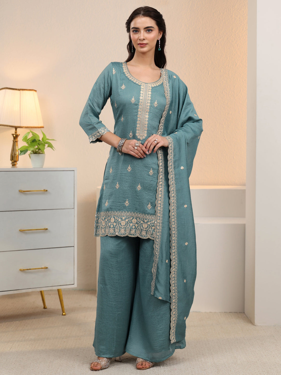 Mameraa Dusty Blue Floral Embroidered Silk Blend Palazzo Suit Set