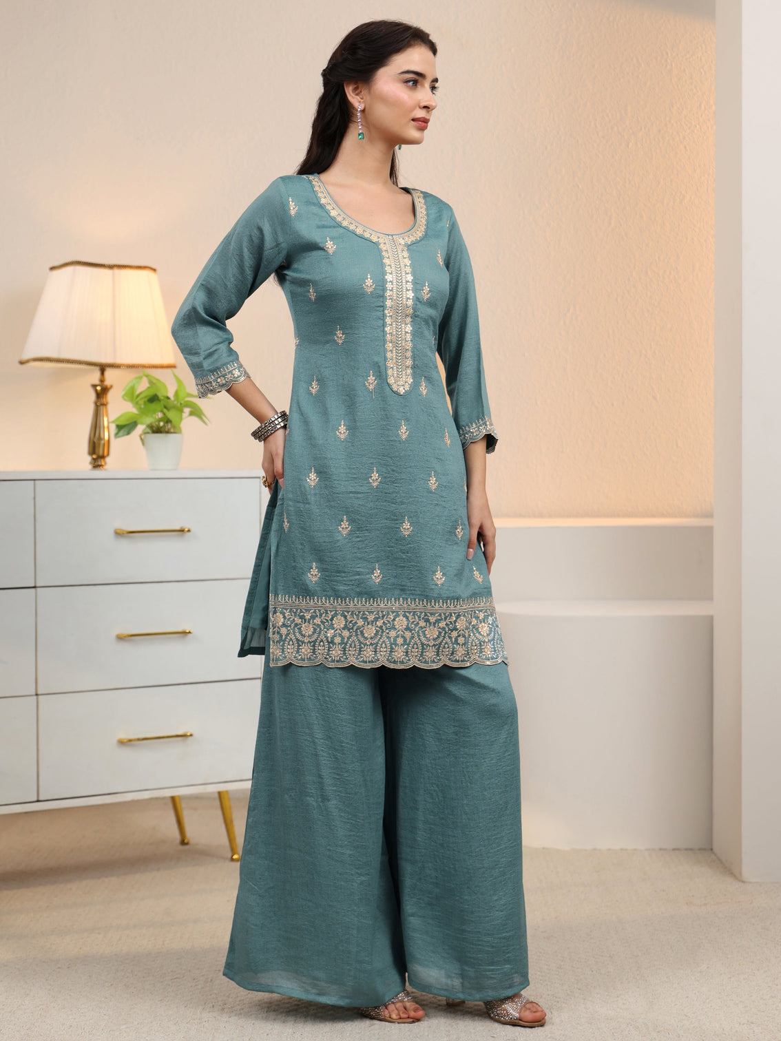 Mameraa Dusty Blue Floral Embroidered Silk Blend Palazzo Suit Set