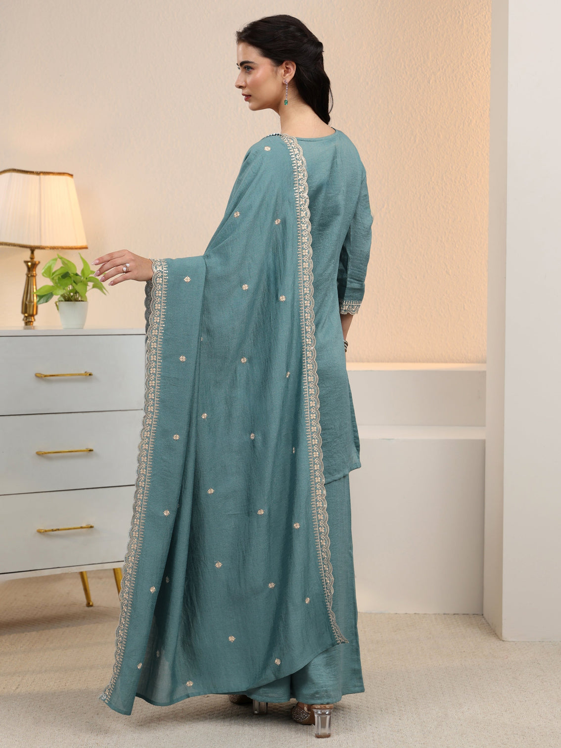 Mameraa Dusty Blue Floral Embroidered Silk Blend Palazzo Suit Set