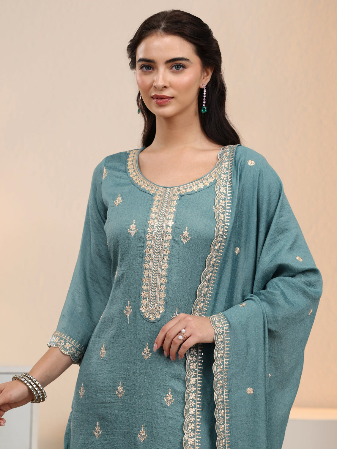 Mameraa Dusty Blue Floral Embroidered Silk Blend Palazzo Suit Set