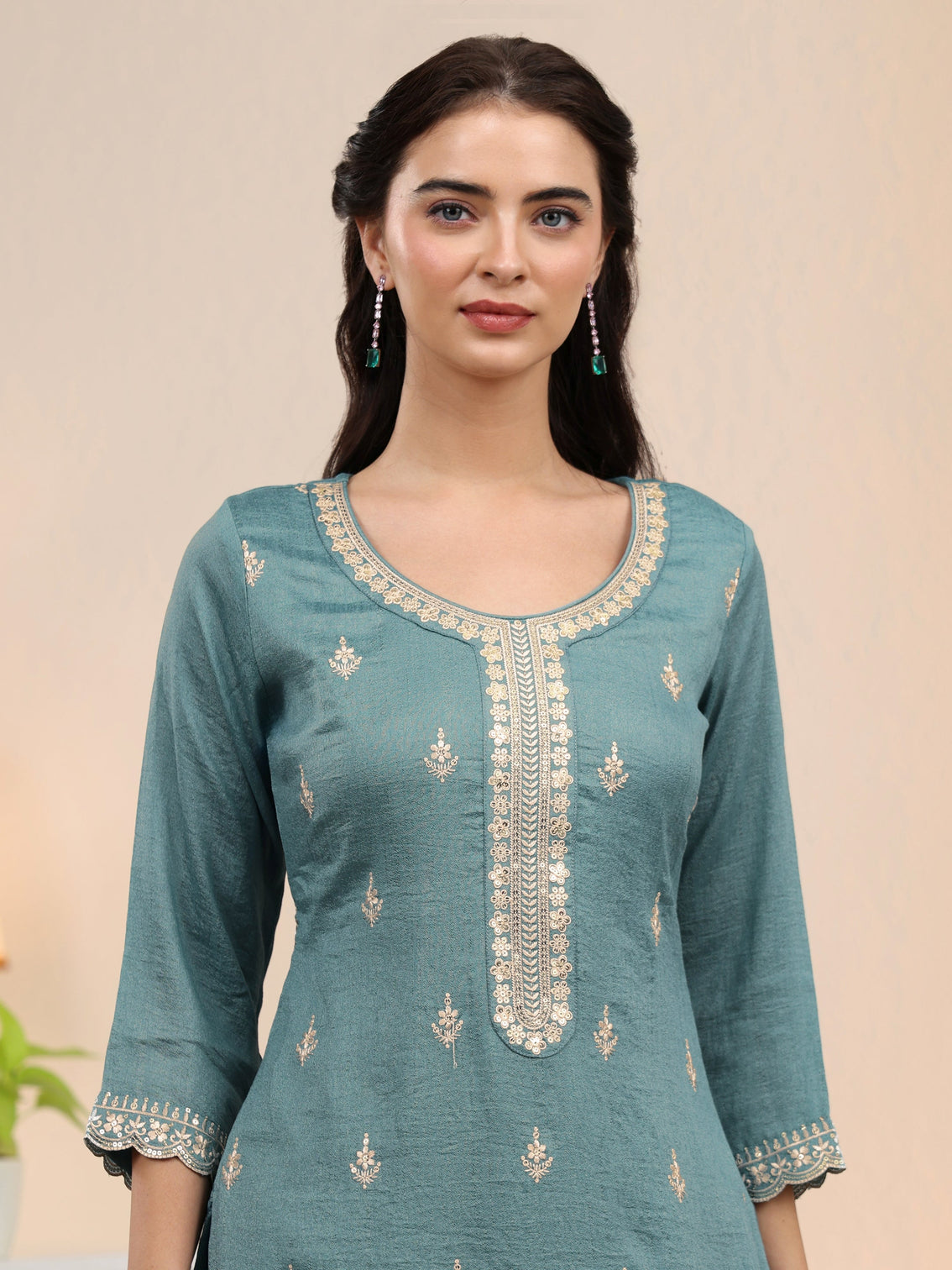 Mameraa Dusty Blue Floral Embroidered Silk Blend Palazzo Suit Set