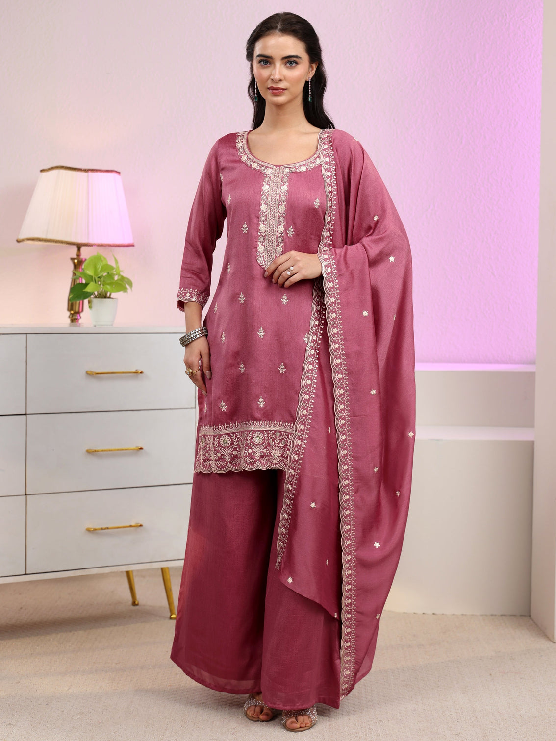 Mameraa Dusty Rose Pink Floral Embroidered Silk Blend Palazzo Suit Set