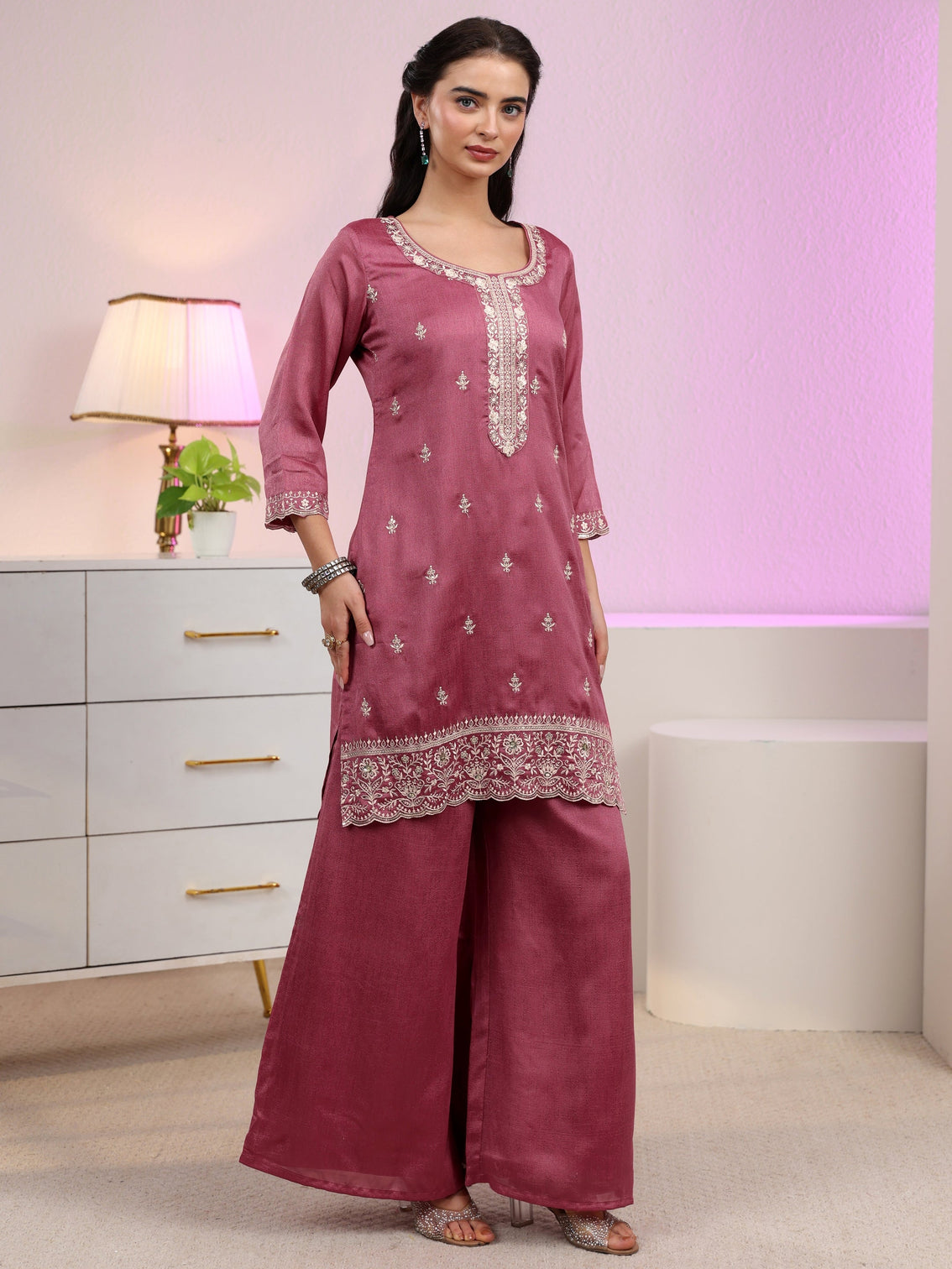 Mameraa Dusty Rose Pink Floral Embroidered Silk Blend Palazzo Suit Set