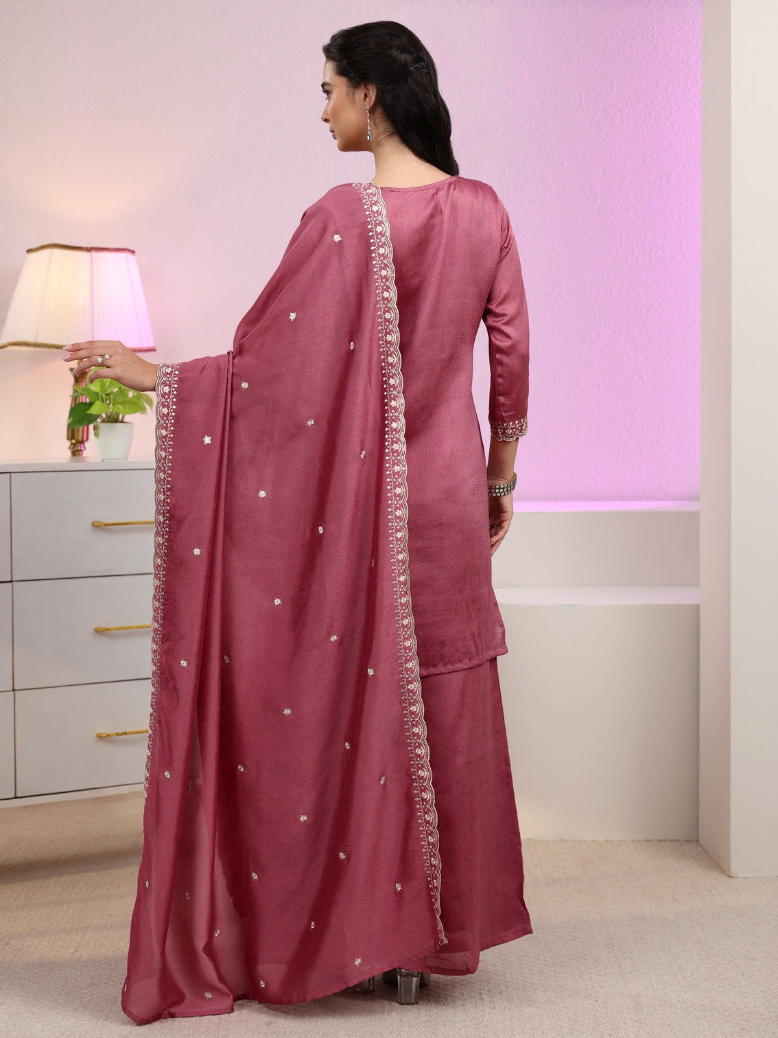 Mameraa Dusty Rose Pink Floral Embroidered Silk Blend Palazzo Suit Set