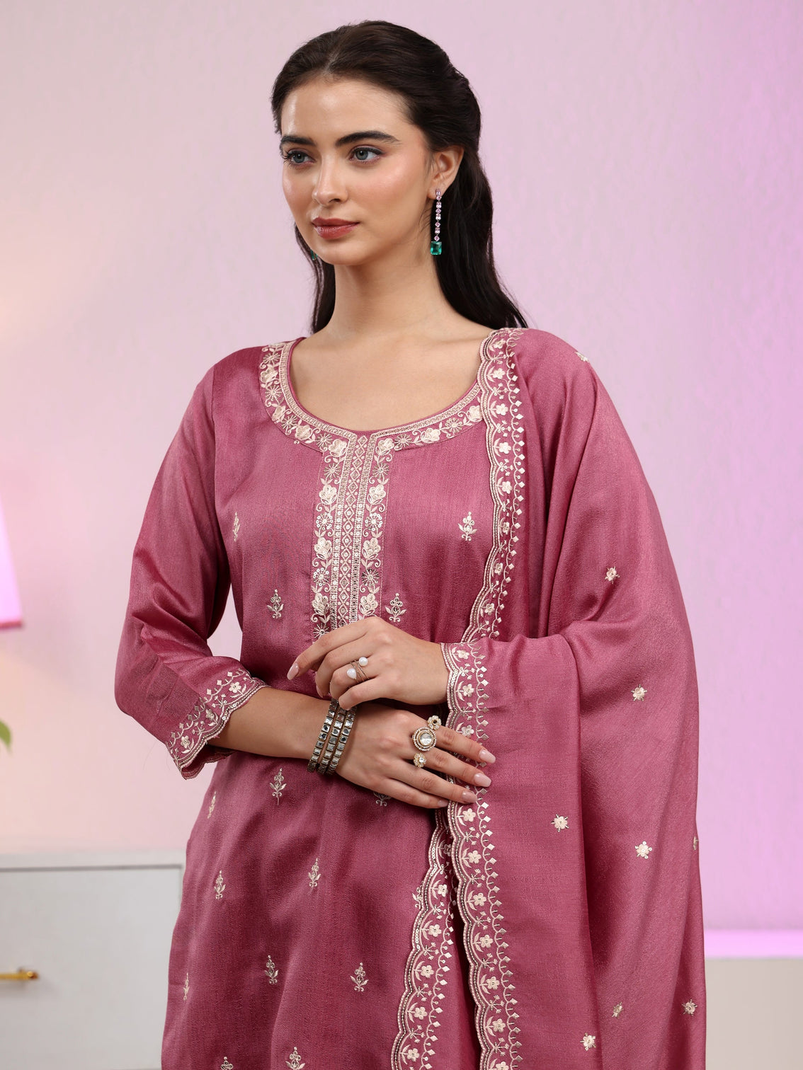 Mameraa Dusty Rose Pink Floral Embroidered Silk Blend Palazzo Suit Set