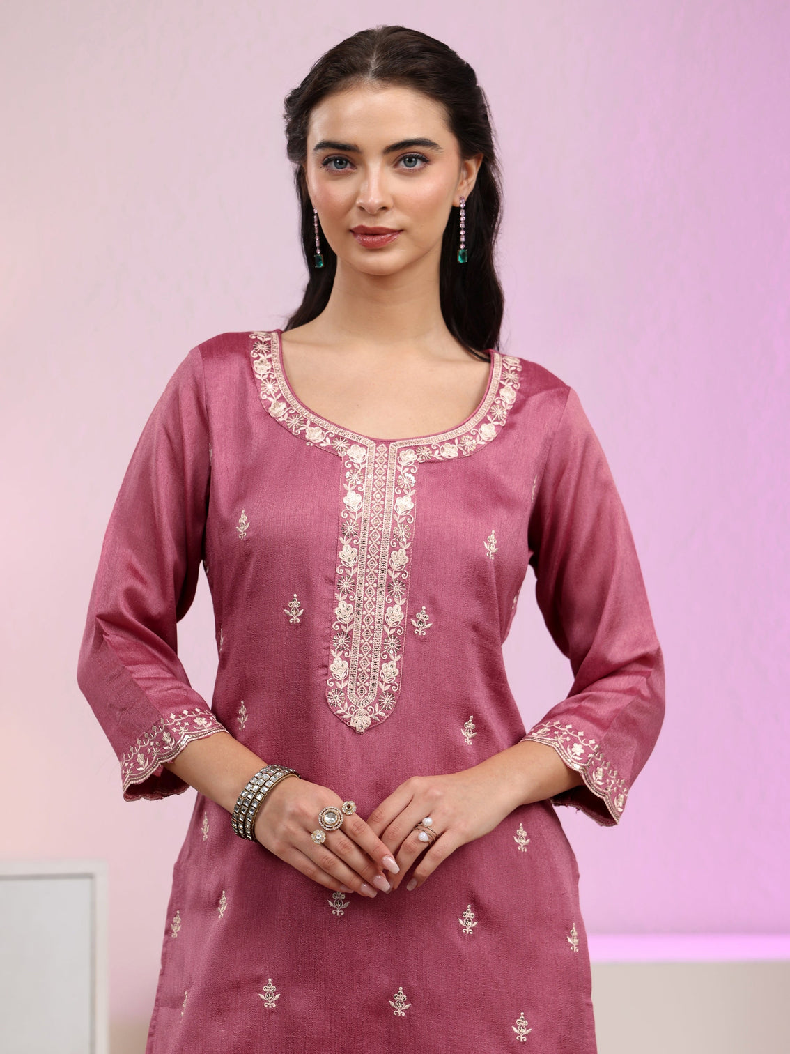 Mameraa Dusty Rose Pink Floral Embroidered Silk Blend Palazzo Suit Set