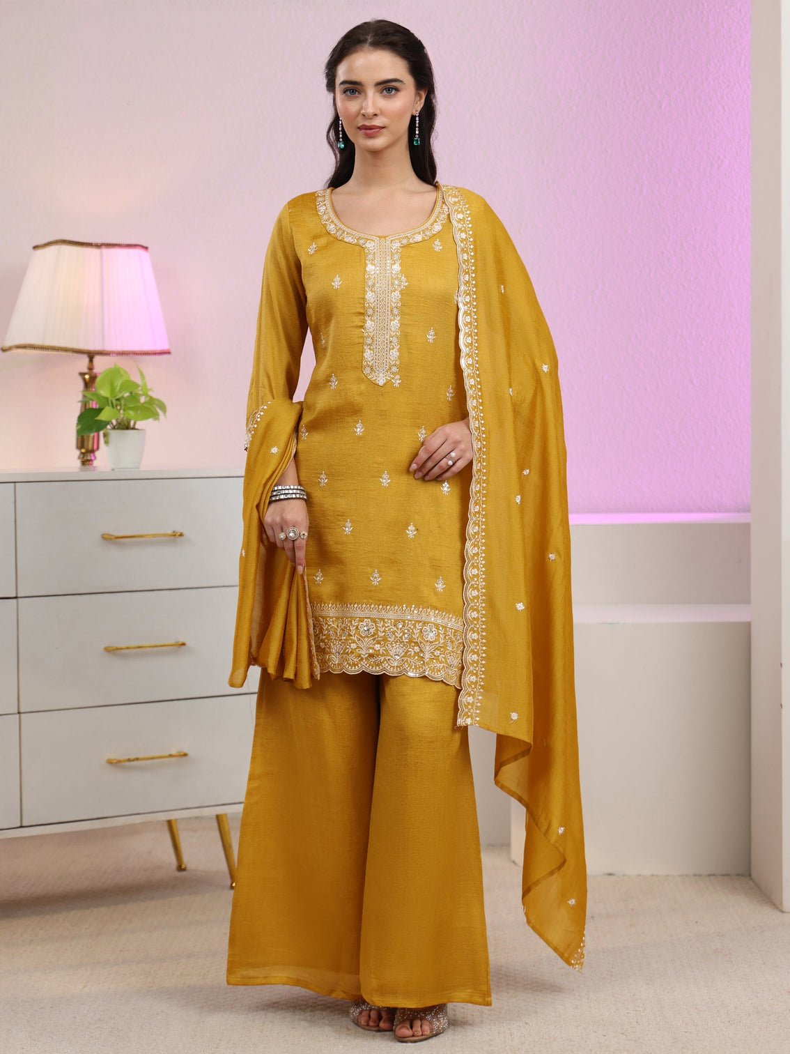 Mameraa Mustard Floral Embroidered Silk Blend Palazzo Suit Set