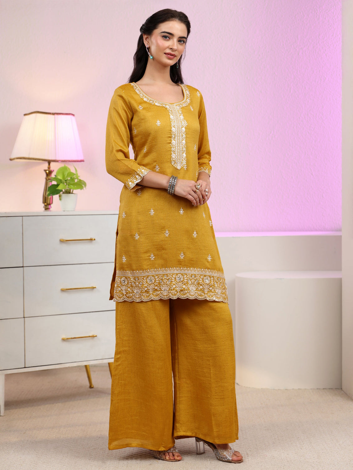 Mameraa Mustard Floral Embroidered Silk Blend Palazzo Suit Set