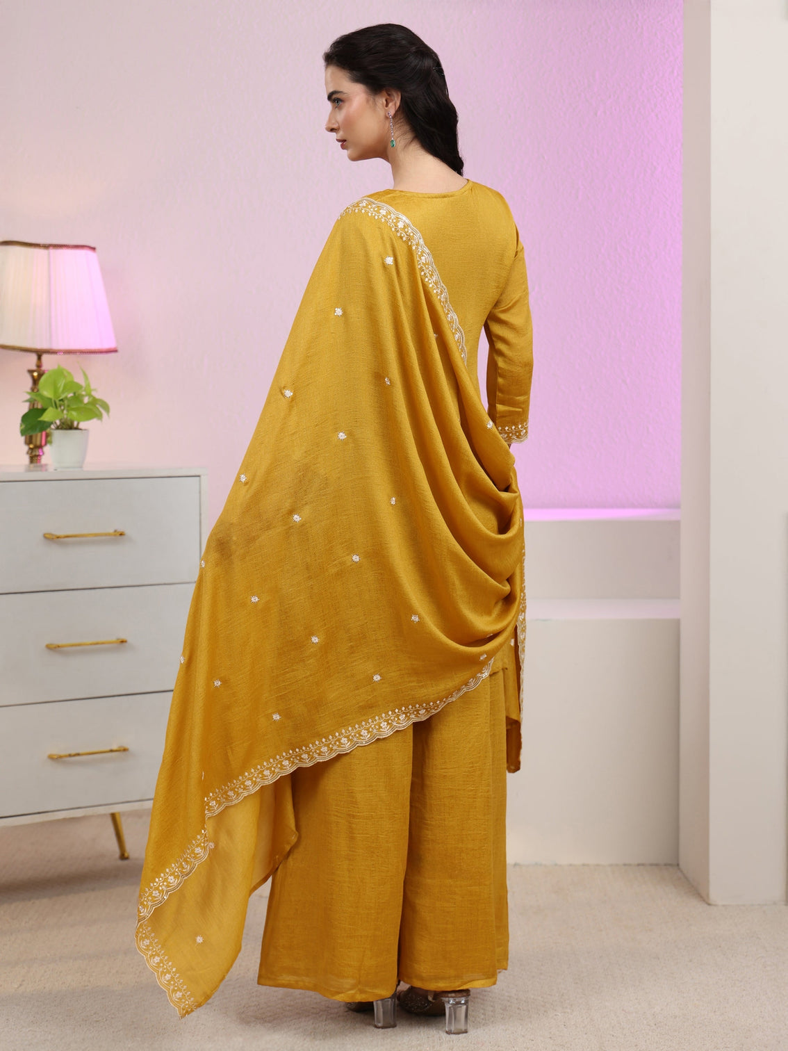 Mameraa Mustard Floral Embroidered Silk Blend Palazzo Suit Set