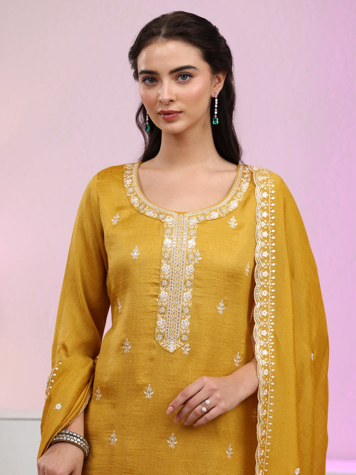 Mameraa Mustard Floral Embroidered Silk Blend Palazzo Suit Set