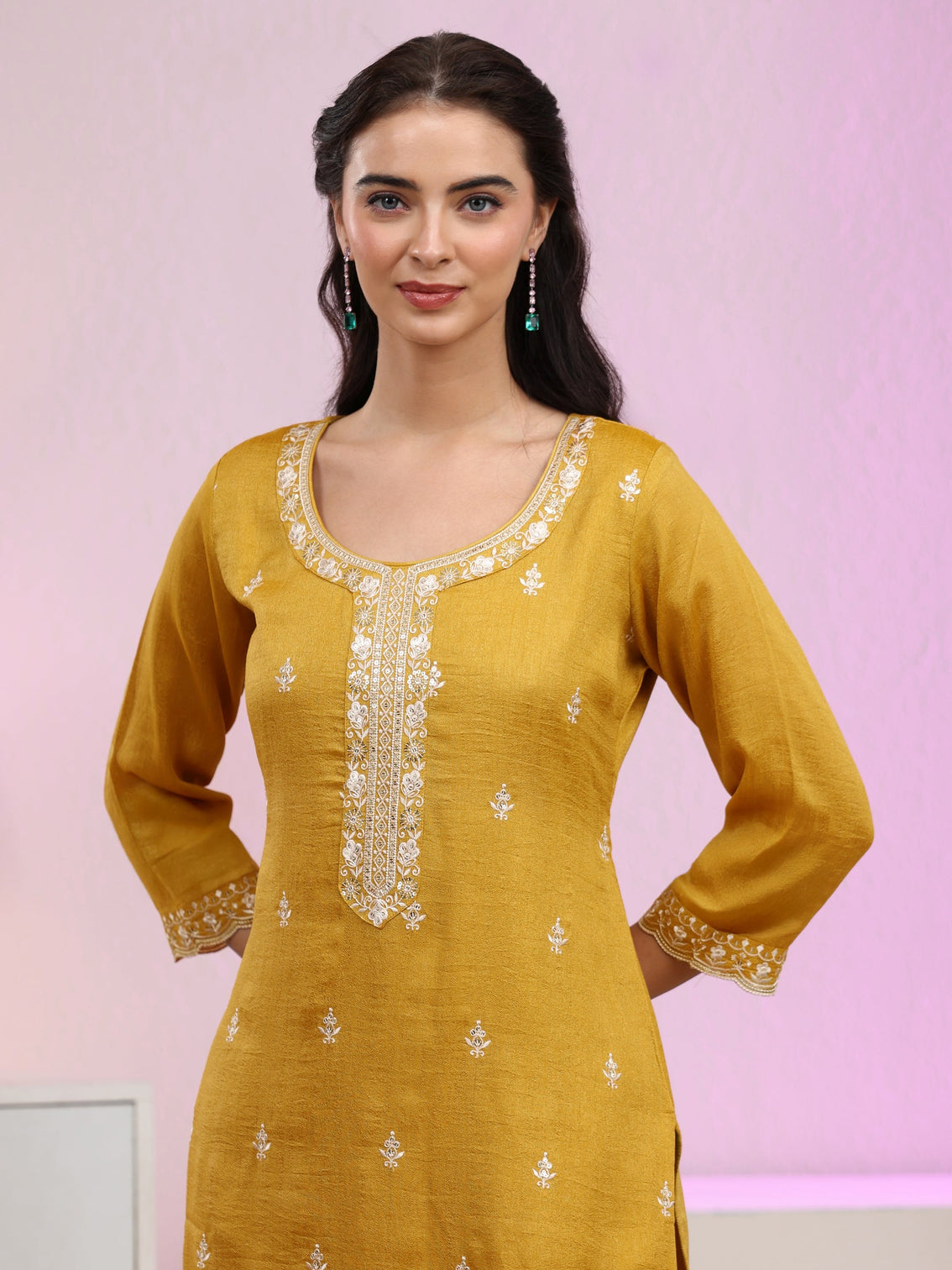 Mameraa Mustard Floral Embroidered Silk Blend Palazzo Suit Set