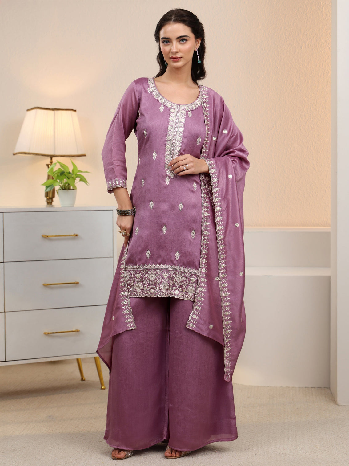 Mameraa Mauve Floral Embroidered Silk Blend Palazzo Suit Set