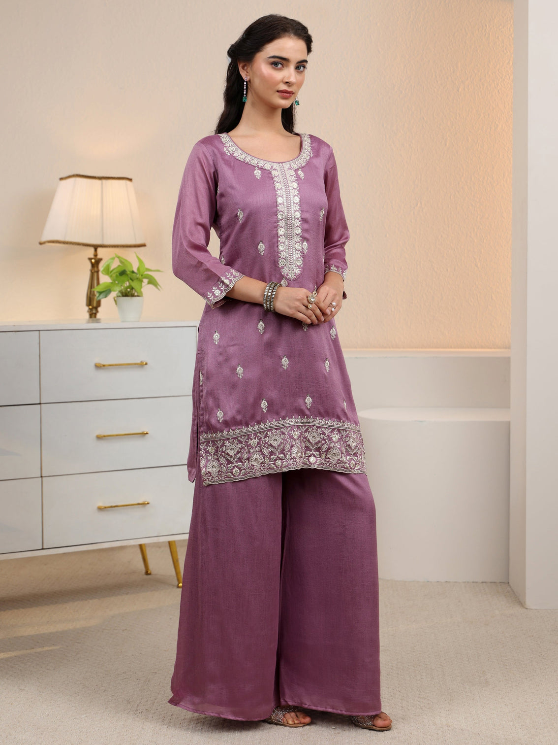 Mameraa Mauve Floral Embroidered Silk Blend Palazzo Suit Set