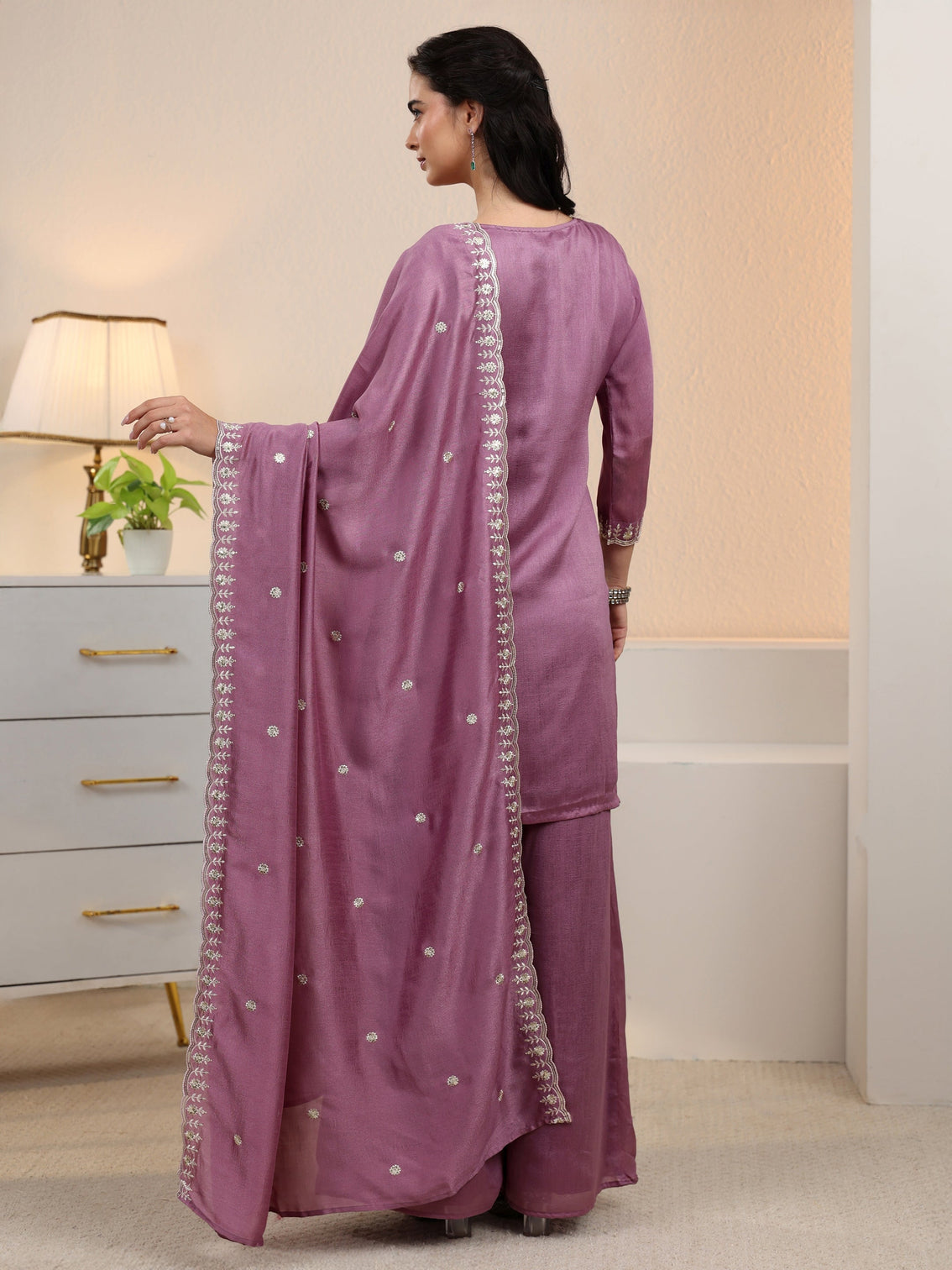 Mameraa Mauve Floral Embroidered Silk Blend Palazzo Suit Set