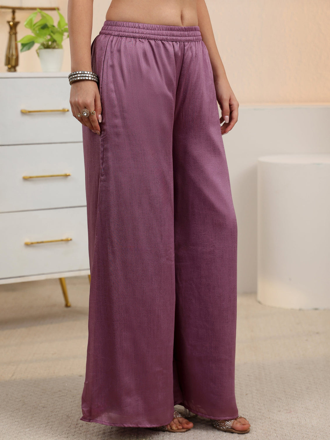 Mameraa Mauve Floral Embroidered Silk Blend Palazzo Suit Set