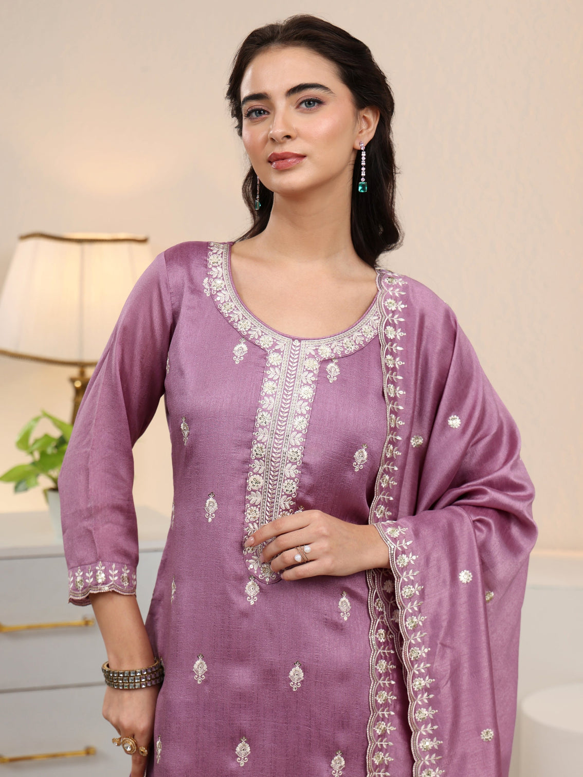 Mameraa Mauve Floral Embroidered Silk Blend Palazzo Suit Set