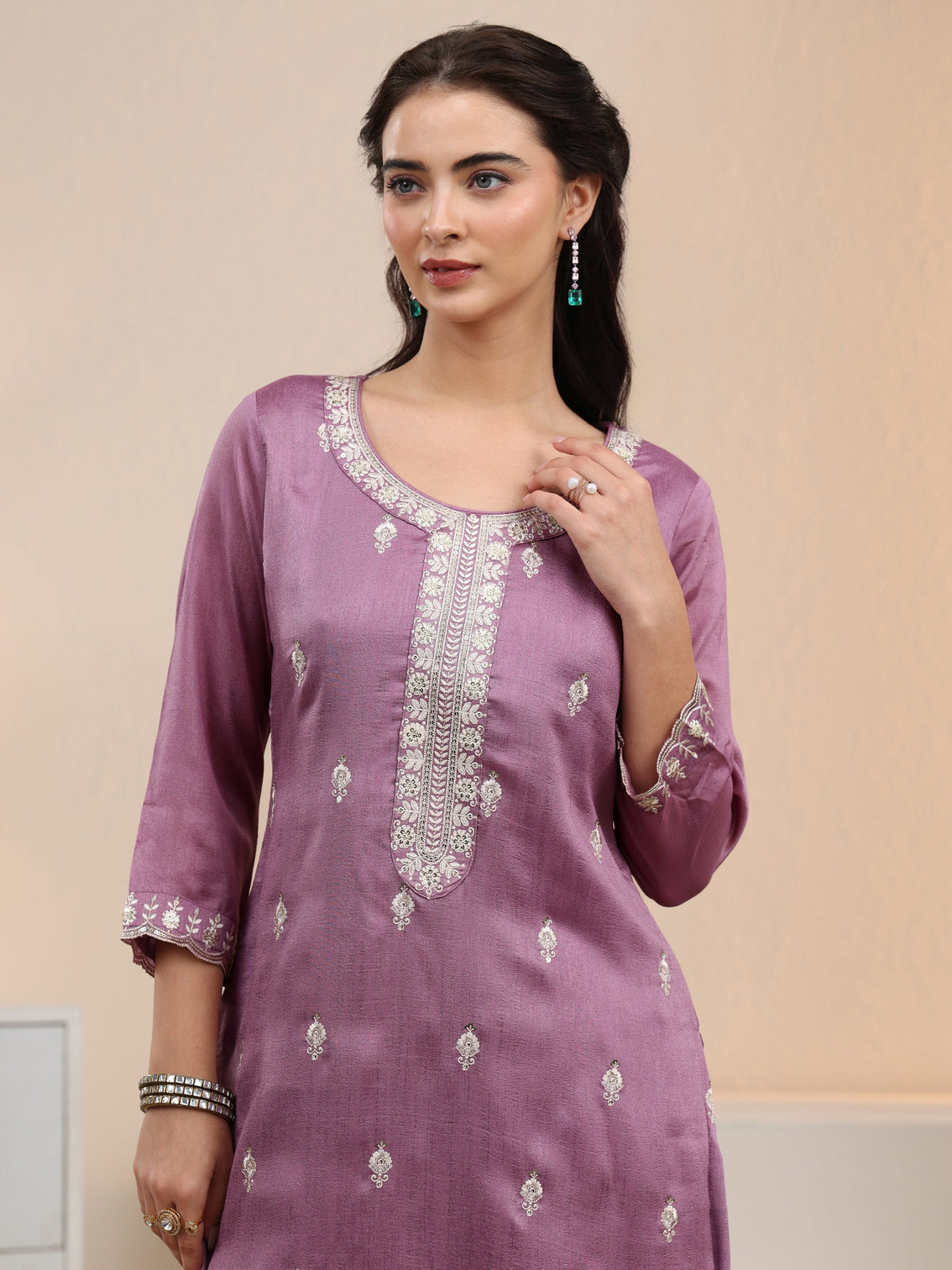 Mameraa Mauve Floral Embroidered Silk Blend Palazzo Suit Set