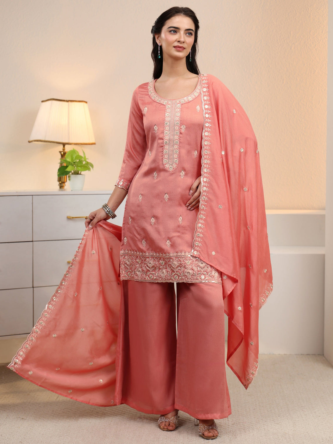 Mameraa Peach Pink Floral Embroidered Silk Blend Palazzo Suit Set