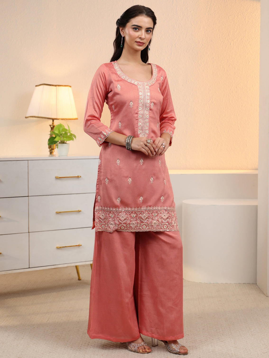 Mameraa Peach Pink Floral Embroidered Silk Blend Palazzo Suit Set