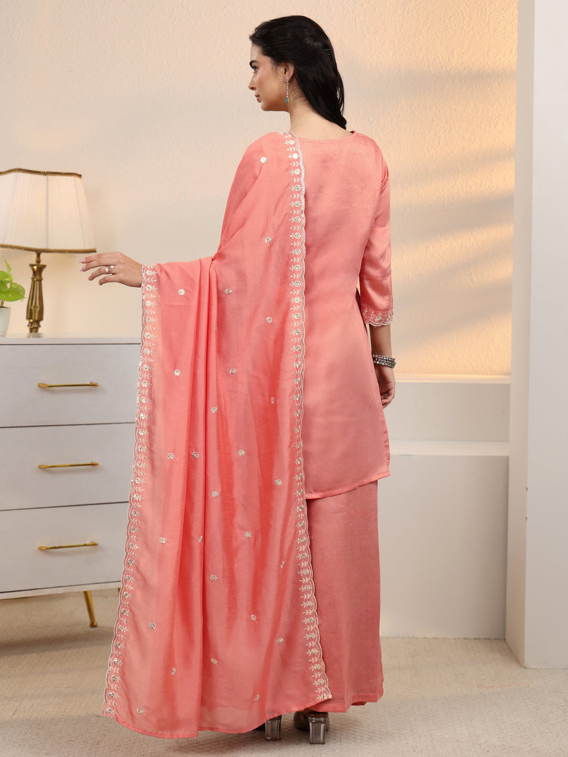Mameraa Peach Pink Floral Embroidered Silk Blend Palazzo Suit Set