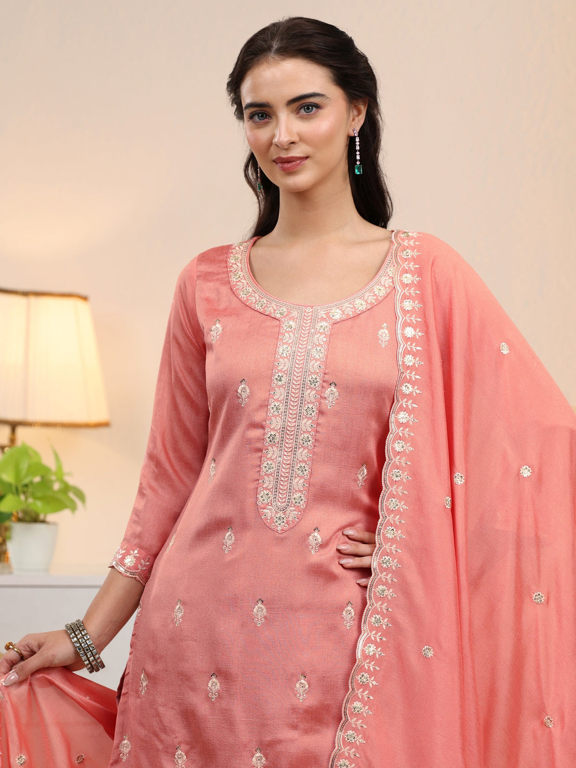 Mameraa Peach Pink Floral Embroidered Silk Blend Palazzo Suit Set