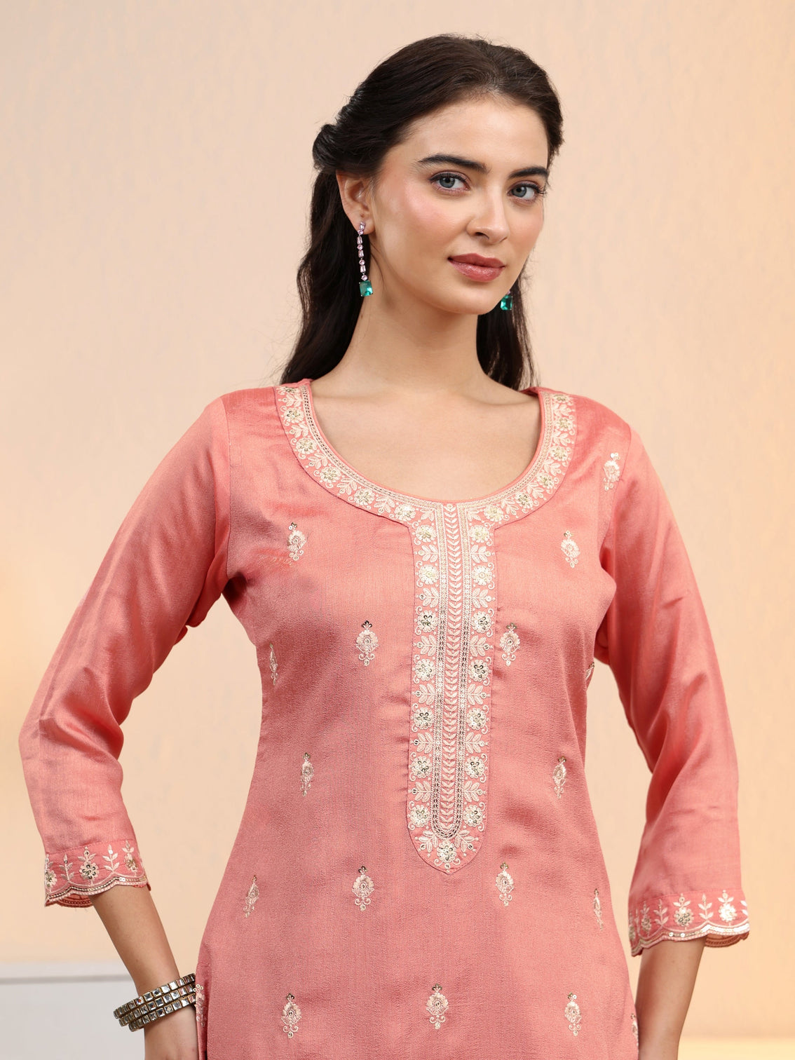 Mameraa Peach Pink Floral Embroidered Silk Blend Palazzo Suit Set