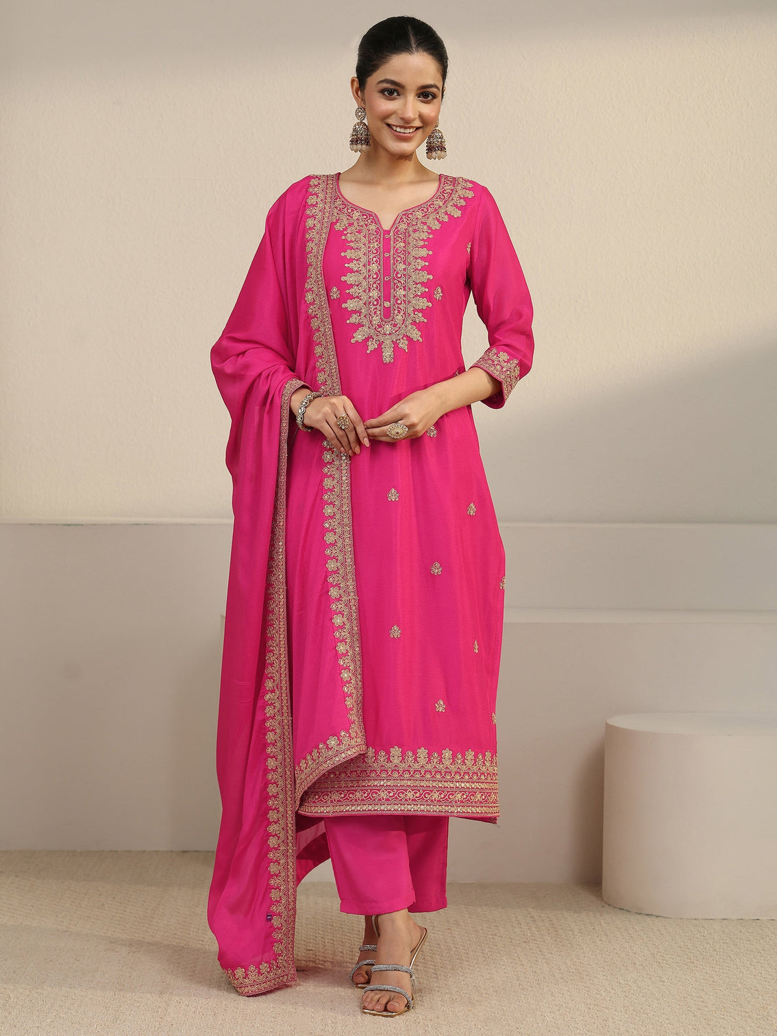 Mameraa Fuchsia Pink Yoke Embroidered Chinon Straight Suit Set