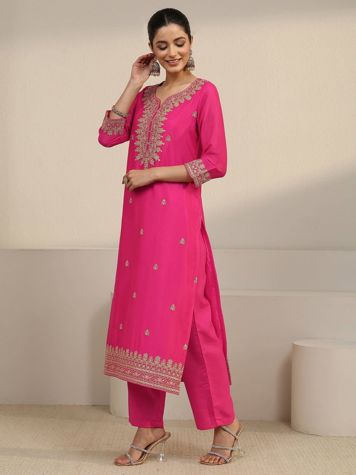 Mameraa Fuchsia Pink Yoke Embroidered Chinon Straight Suit Set