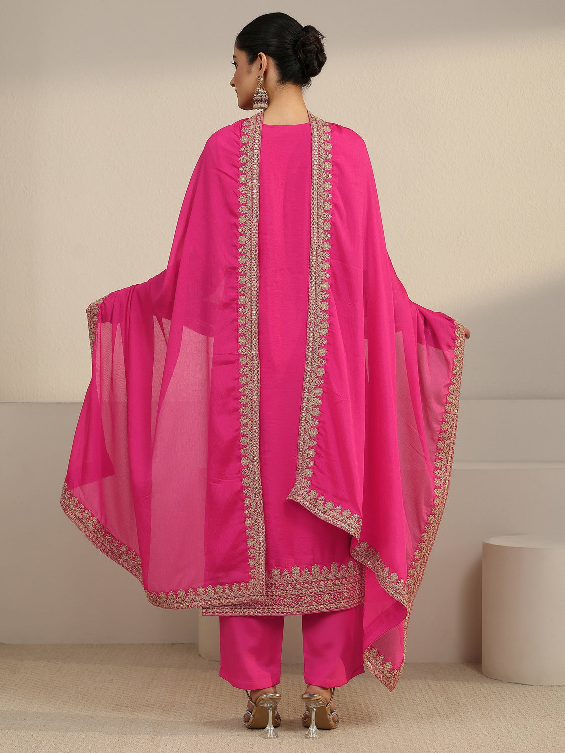 Mameraa Fuchsia Pink Yoke Embroidered Chinon Straight Suit Set