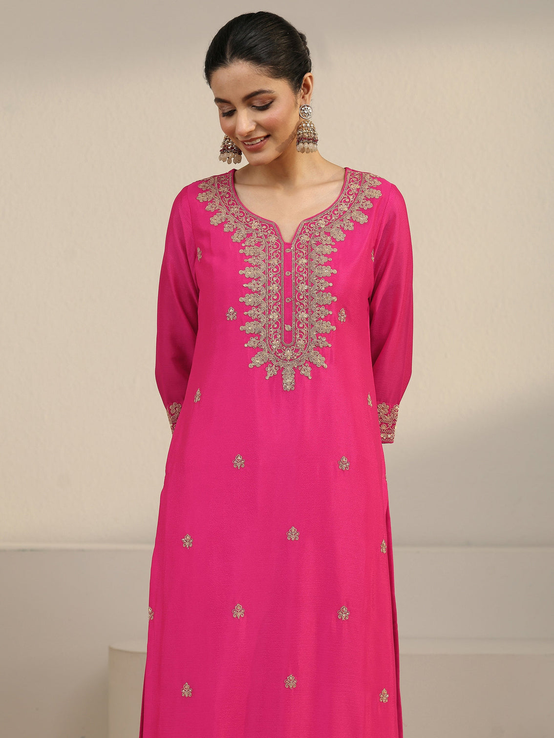 Mameraa Fuchsia Pink Yoke Embroidered Chinon Straight Suit Set