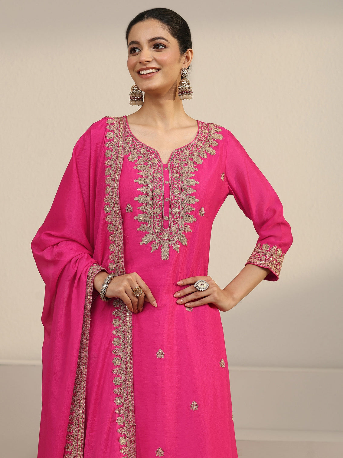 Mameraa Fuchsia Pink Yoke Embroidered Chinon Straight Suit Set
