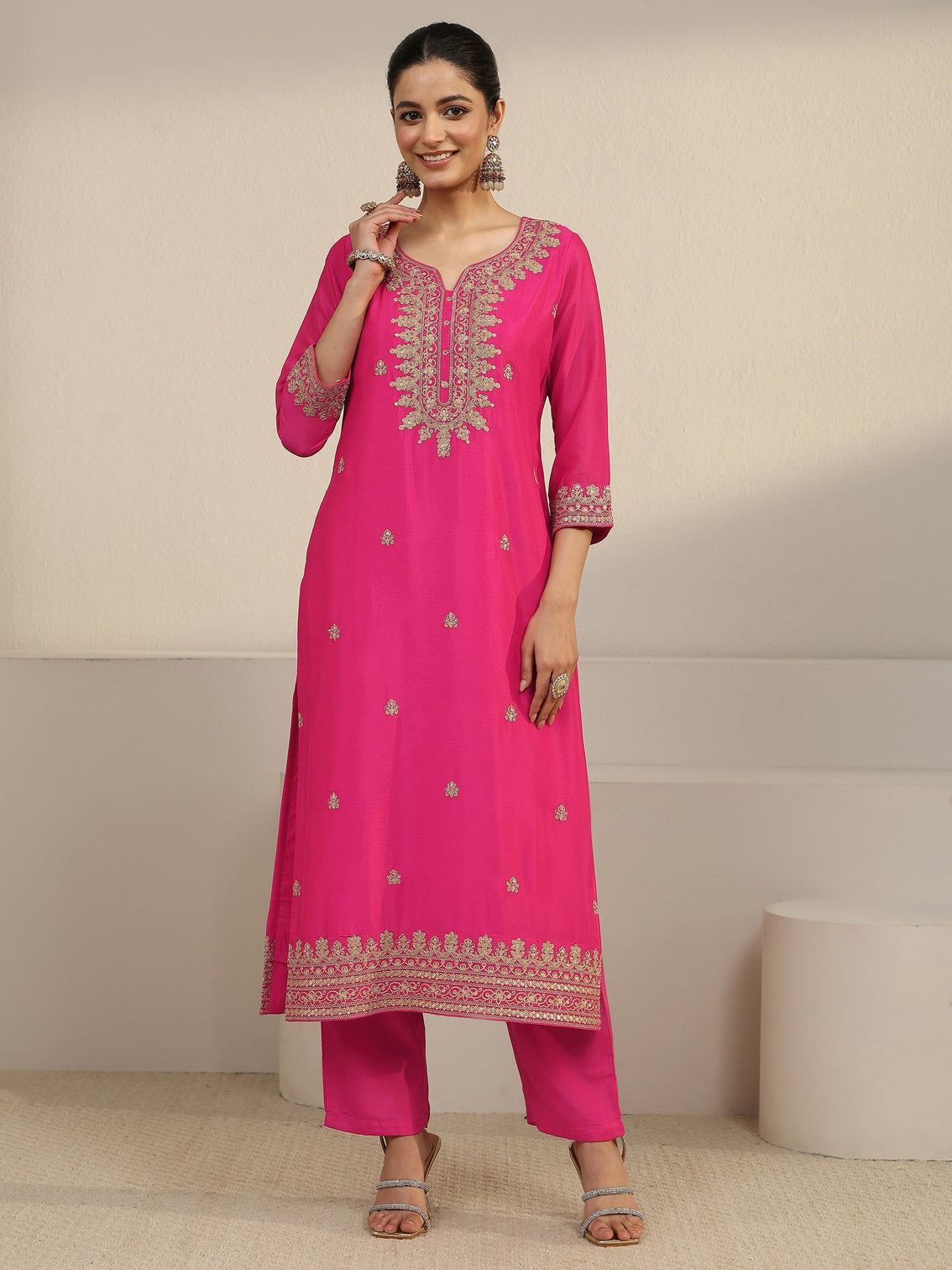 Mameraa Fuchsia Pink Yoke Embroidered Chinon Straight Suit Set