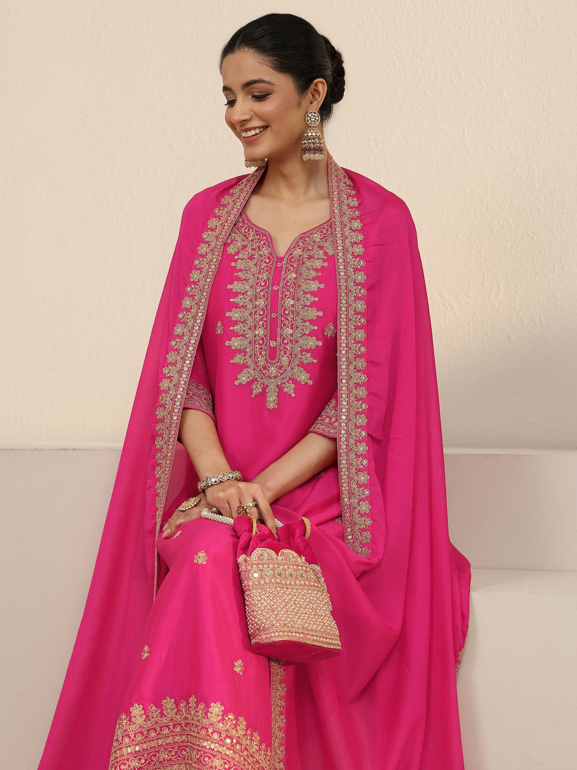 Mameraa Fuchsia Pink Yoke Embroidered Chinon Straight Suit Set