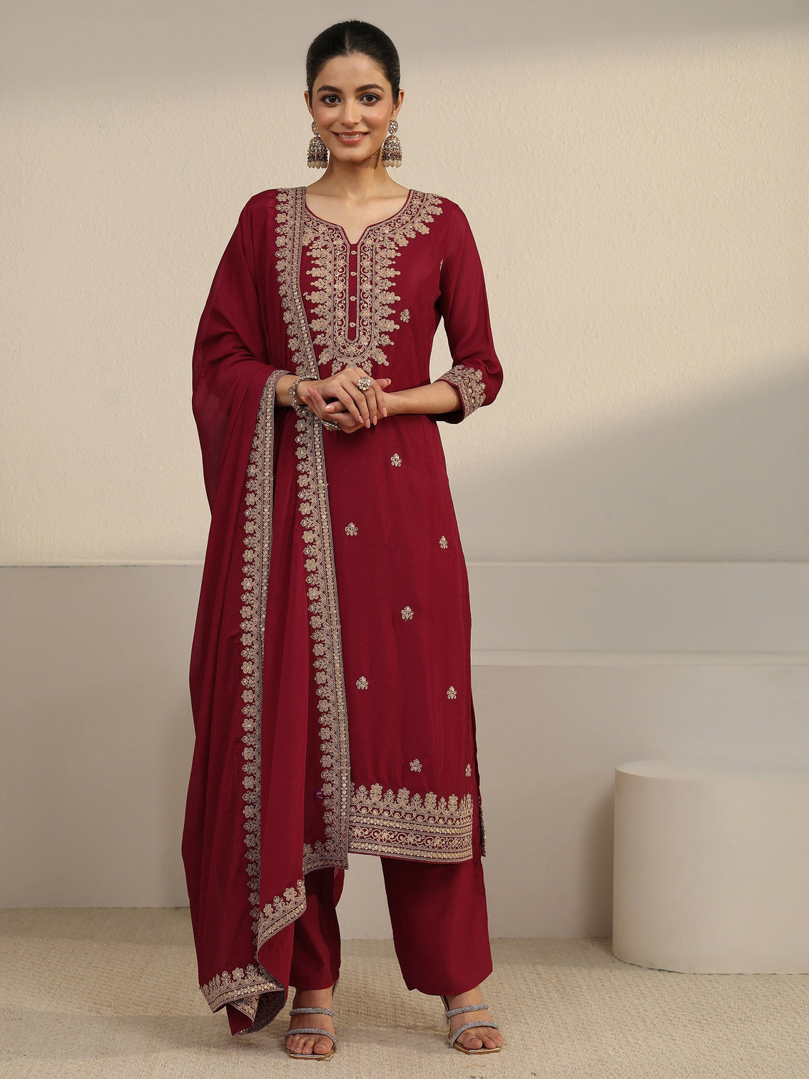Mameraa Maroon Yoke Embroidered Chinon Straight Suit Set